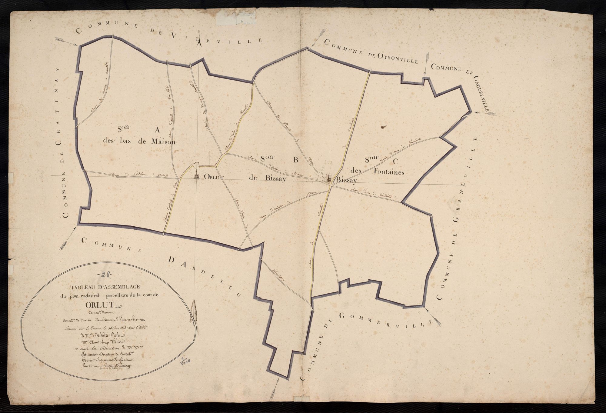 Tableau d'assemblage du plan cadastral parcellaire de la commune d'Orlu, Canton d'Auneau, Arrondissement de Chartres / Terminé sur le terrain en 1813 (...) par Monsieur Guérin-Dubourg, Géomètre du cadastre.