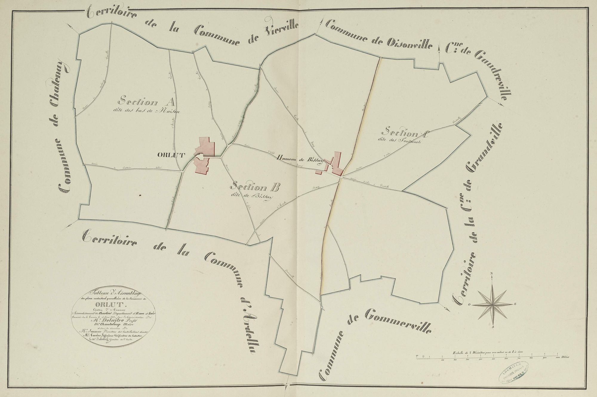 Tableau d'assemblage du plan parcellaire de la commune d'Orlu, Canton d'Auneau, Arrondissement de Chartres / Terminé sur le terrain le 15 juin 1813 (...) par Monsieur Dubourg, Géomètre.