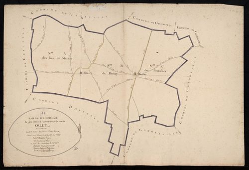 Tableau d'assemblage du plan cadastral parcellaire de la commune d'Orlu, Canton d'Auneau, Arrondissement de Chartres / Terminé sur le terrain en 1813 (...) par Monsieur Guérin-Dubourg, Géomètre du cadastre.