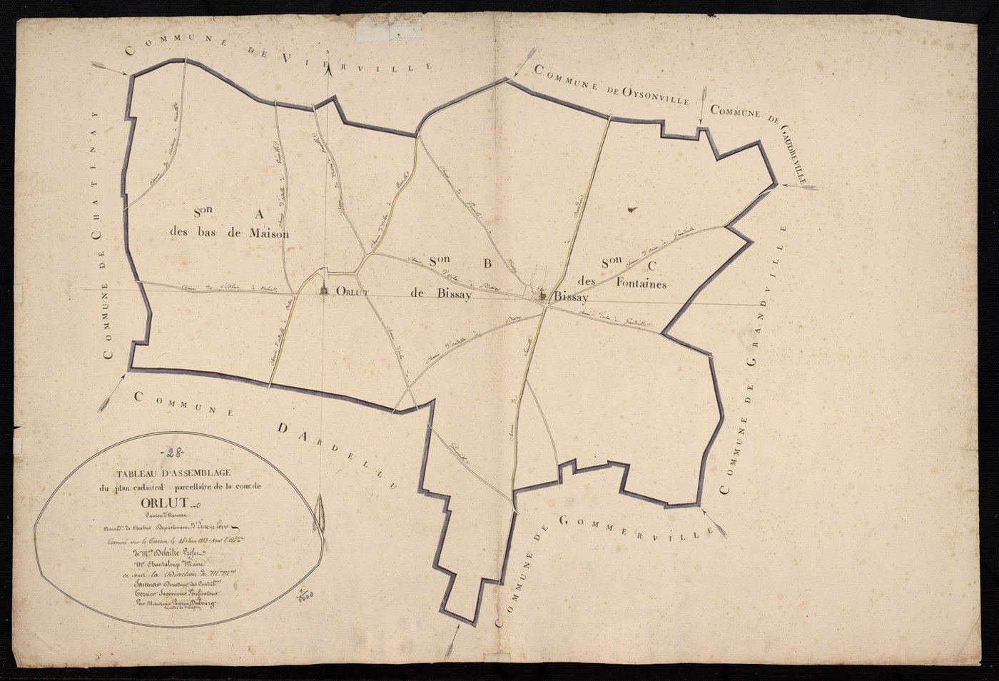 Tableau d'assemblage du plan cadastral parcellaire de la commune d'Orlu, Canton d'Auneau, Arrondissement de Chartres / Terminé sur le terrain en 1813 (...) par Monsieur Guérin-Dubourg, Géomètre du cadastre.