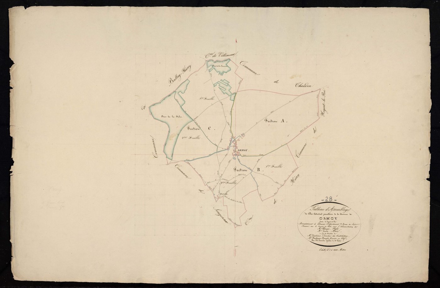 Tableau d'assemblage du plan cadastral parcellaire de la commune d'Ormoy, Canton de Nogent -le-Roi, Arrondissement de Dreux / Terminé sur le terrain en 1834 (...) par Monsieur Démoulin, Géomètre de 1ère classe.