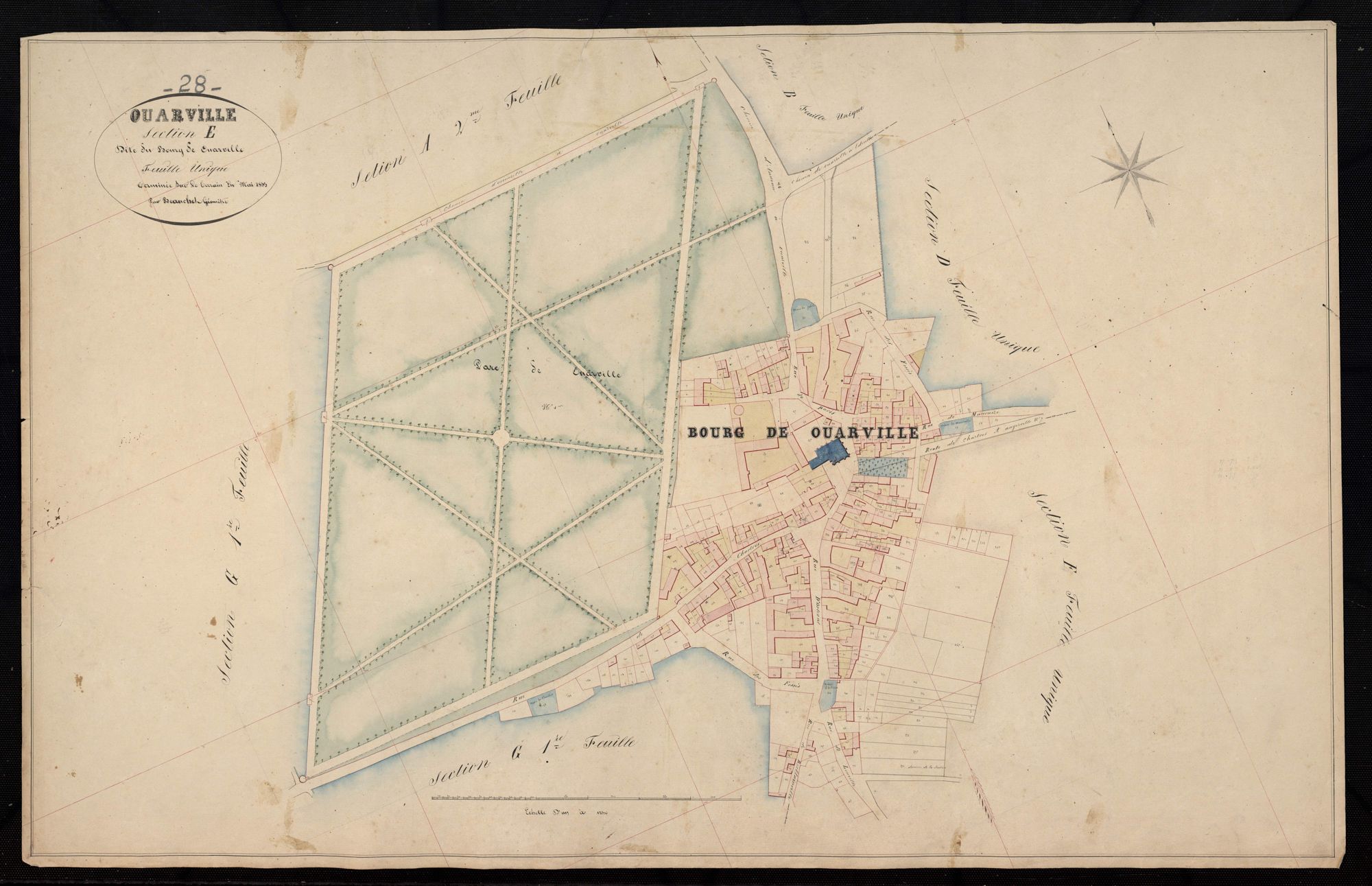 Section E, le Bourg de Ouarville, en une feuille / Terminée sur le terrain par Monsieur Beauchet, Géomètre.