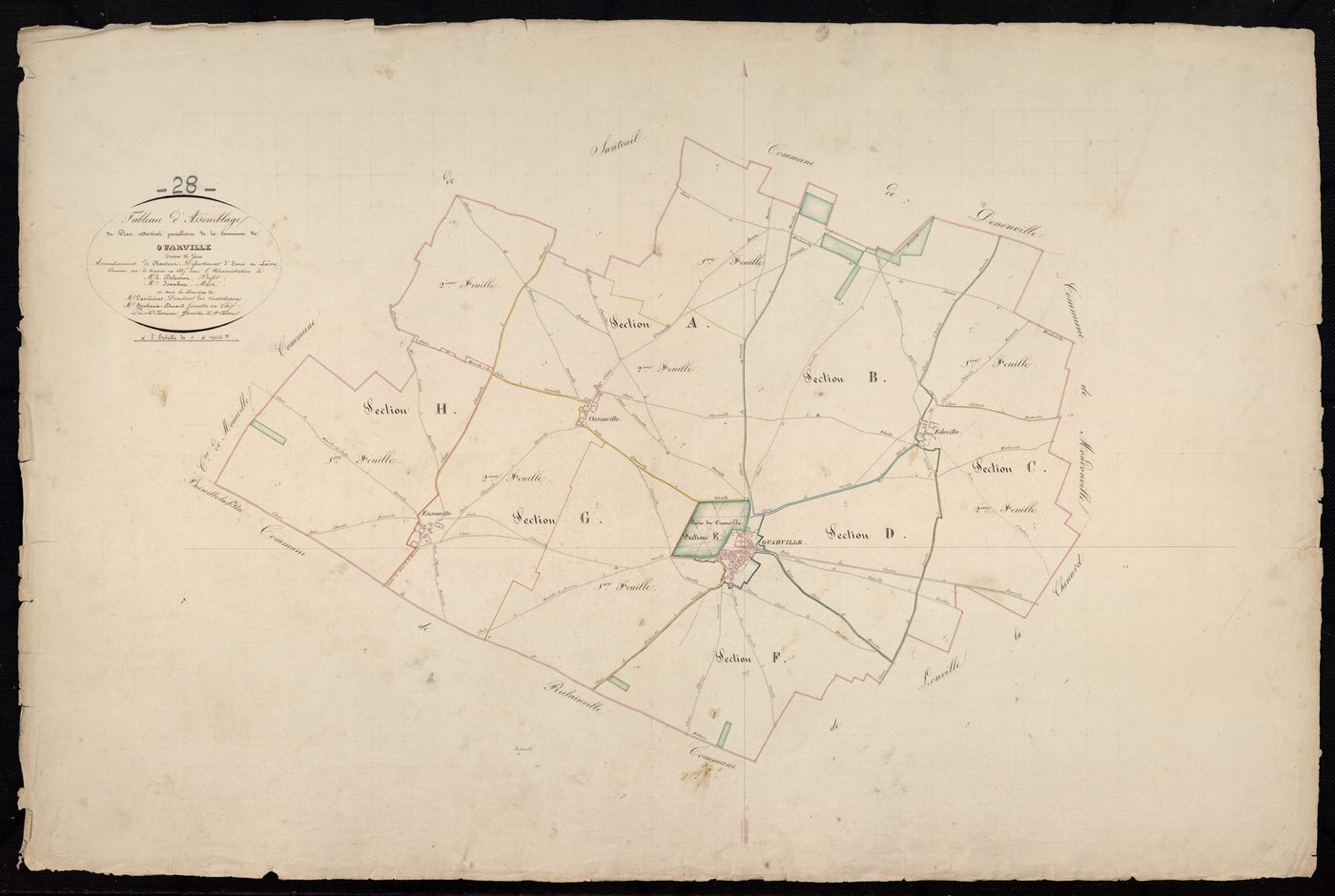 Tableau d'assemblage du plan cadastral parcellaire de la commune de Ouarville, Canton de Voves, Arrondissement de Chartres / Terminé sur le terrain en 1835 (...) par Monsieur Feurreau, Géomètre de 1ère classe.