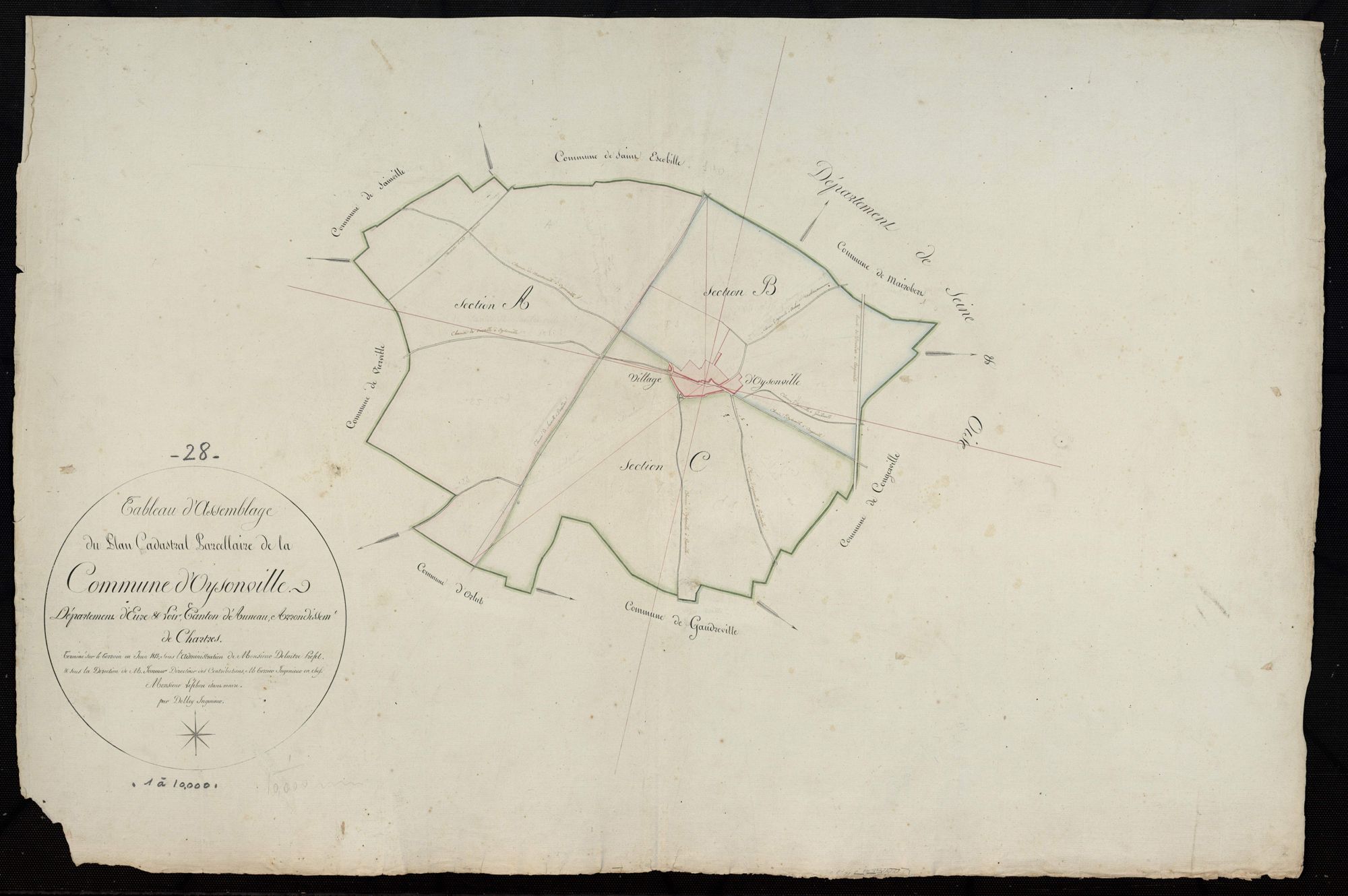 Tableau d'assemblage du plan cadastral parcellaire de la commune d'Oysonville, Canton d'Auneau, Arrondissement de Chartres / Terminé sur le terrain en 1813 (...) par Monsieur Dolley, Ingénieur.