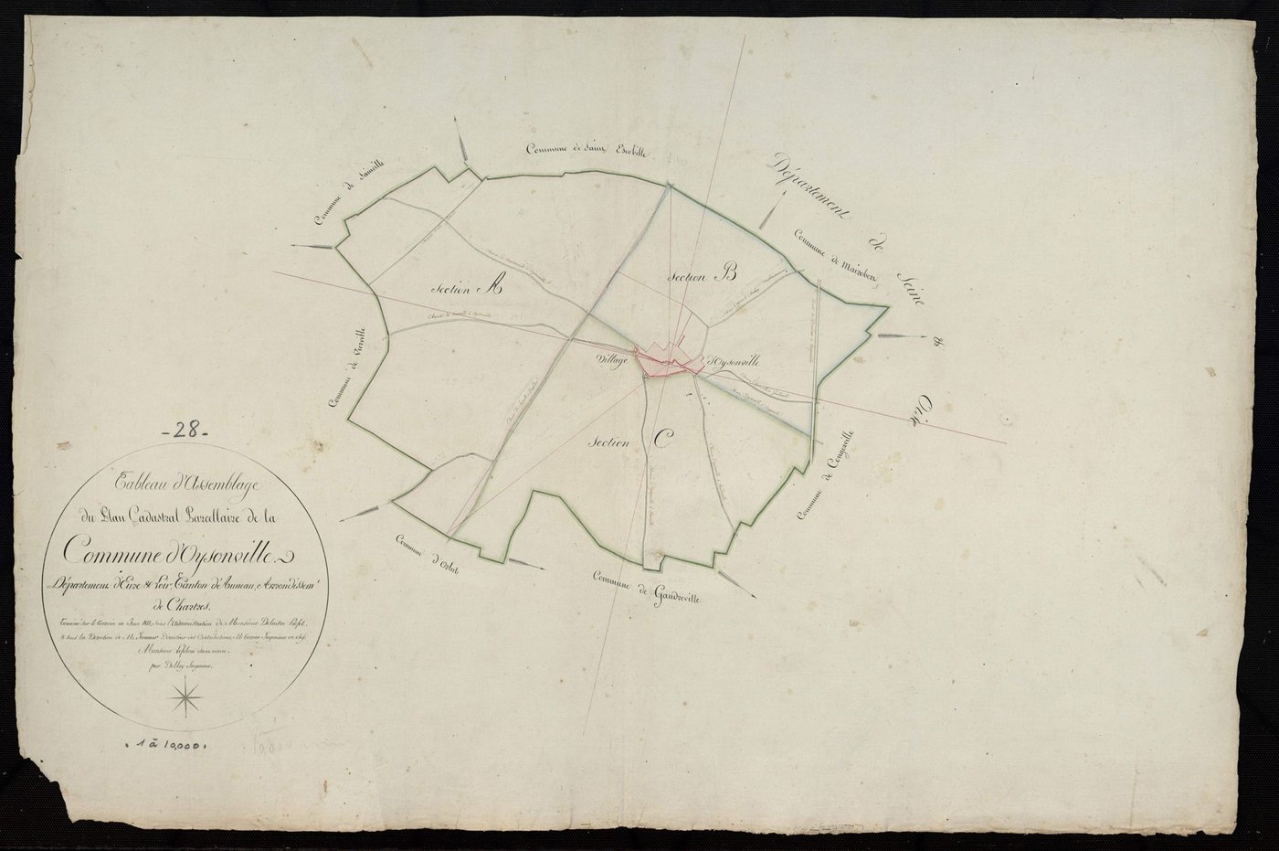 Tableau d'assemblage du plan cadastral parcellaire de la commune d'Oysonville, Canton d'Auneau, Arrondissement de Chartres / Terminé sur le terrain en 1813 (...) par Monsieur Dolley, Ingénieur.