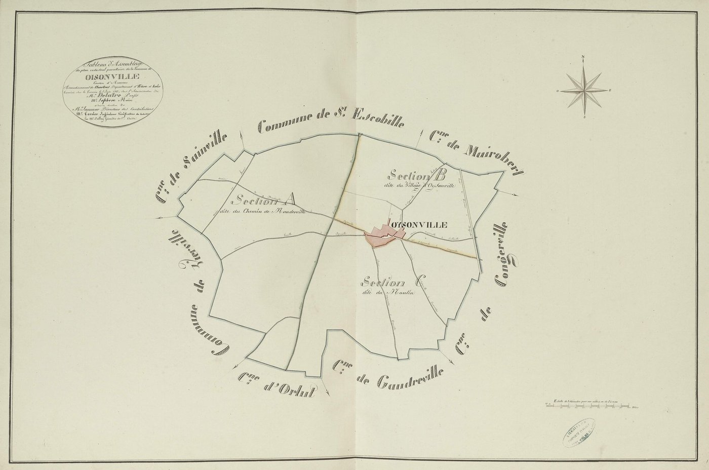 Tableau d'assemblage du plan parcellaire de la commune d'Oysonville, Canton d'Auneau, Arrondissement de Chartres / Terminé sur le terrain le 1er juin 1813 (...) par Monsieur Dolley, Géomètre de 1ère classe.