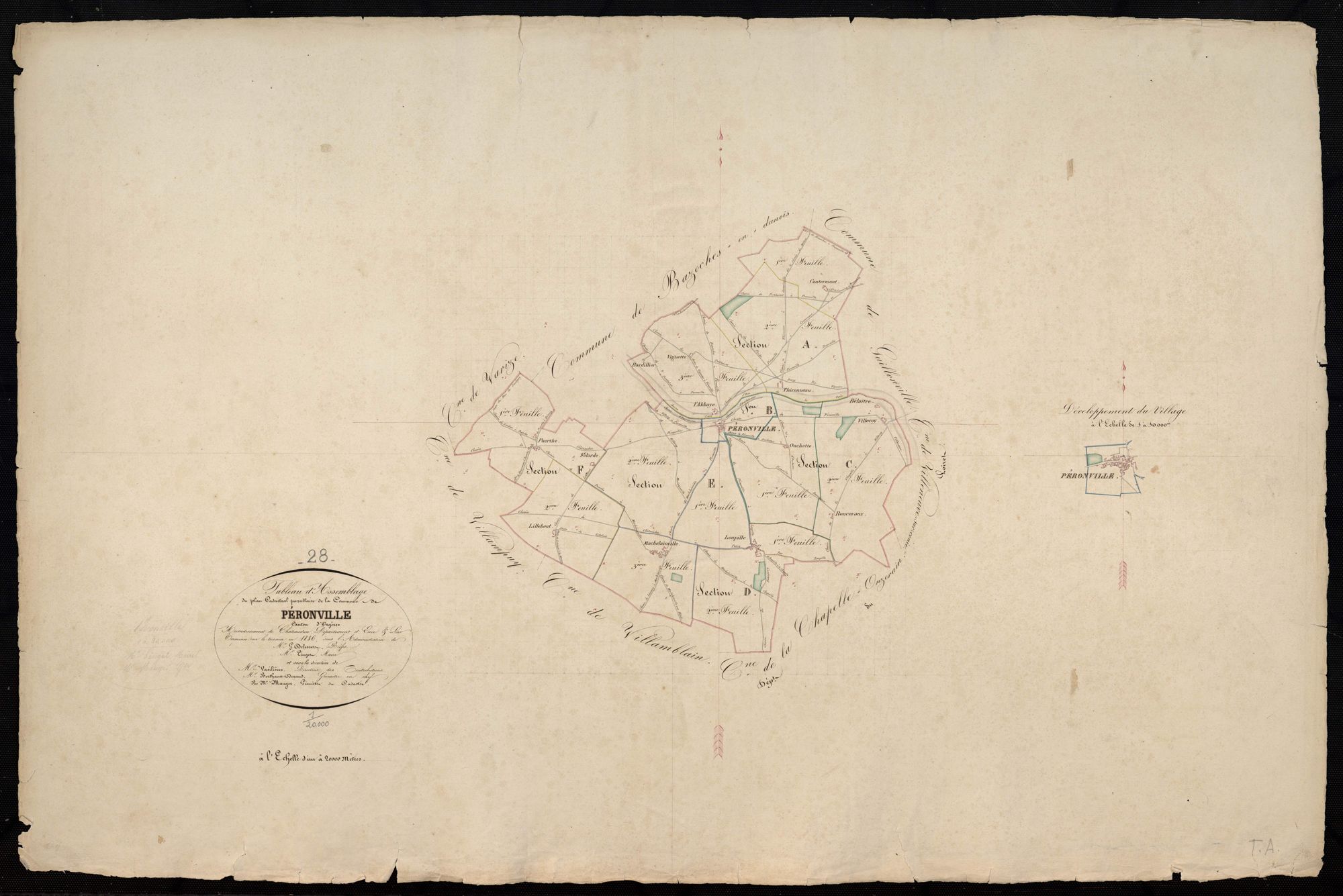 Tableau d'assemblage du plan cadastral parcellaire de la commune de Péronville, Canton d'Orgères, Arrondissement de Châteaudun / Terminé sur le terrain en 1836 (...) par Monsieur Mauger, Géomètre du cadastre.