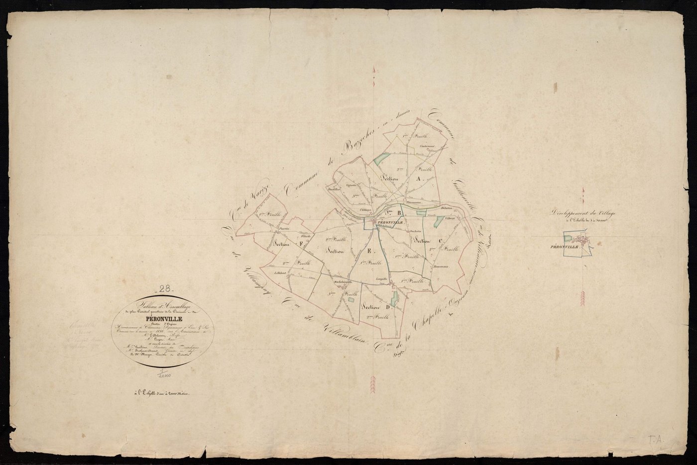 Tableau d'assemblage du plan cadastral parcellaire de la commune de Péronville, Canton d'Orgères, Arrondissement de Châteaudun / Terminé sur le terrain en 1836 (...) par Monsieur Mauger, Géomètre du cadastre.