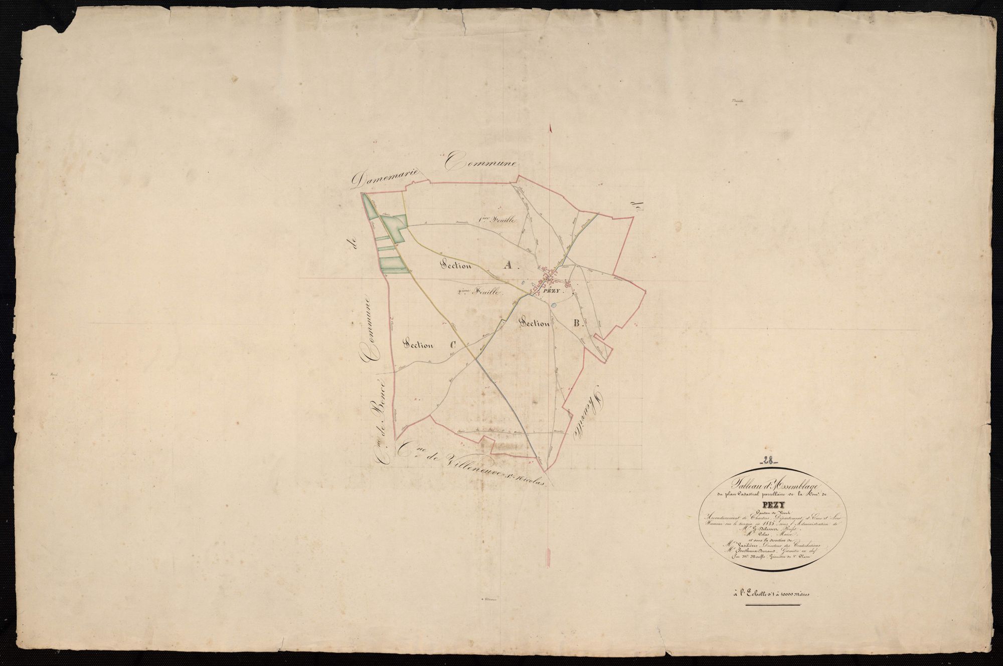 Tableau d'assemblage du plan cadastral parcellaire de la commune de Pézy, Canton de Voves, Arrondissement de Chartres / Terminé sur le terrain en 1835 (...) par Monsieur Moufle, Géomètre de 1ère classe.