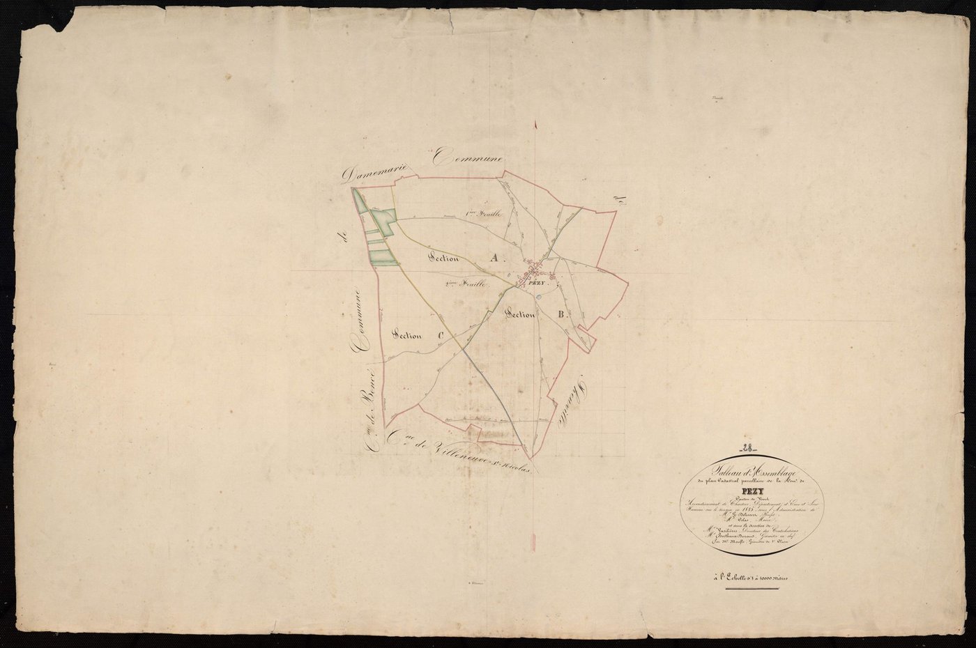 Tableau d'assemblage du plan cadastral parcellaire de la commune de Pézy, Canton de Voves, Arrondissement de Chartres / Terminé sur le terrain en 1835 (...) par Monsieur Moufle, Géomètre de 1ère classe.