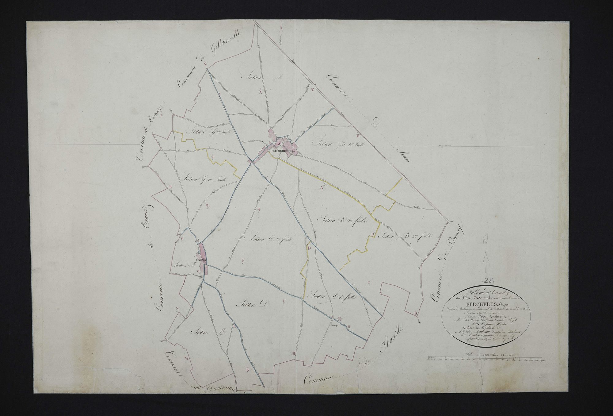Tableau d'assemblage du plan cadastral parcellaire de la commune de Berchères-les-Pierres, Canton de Chartres-sud, Arrondissement de Chartres / Terminé sur le terrain (...) par Monsieur Court puîné, géomètre arpenteur.