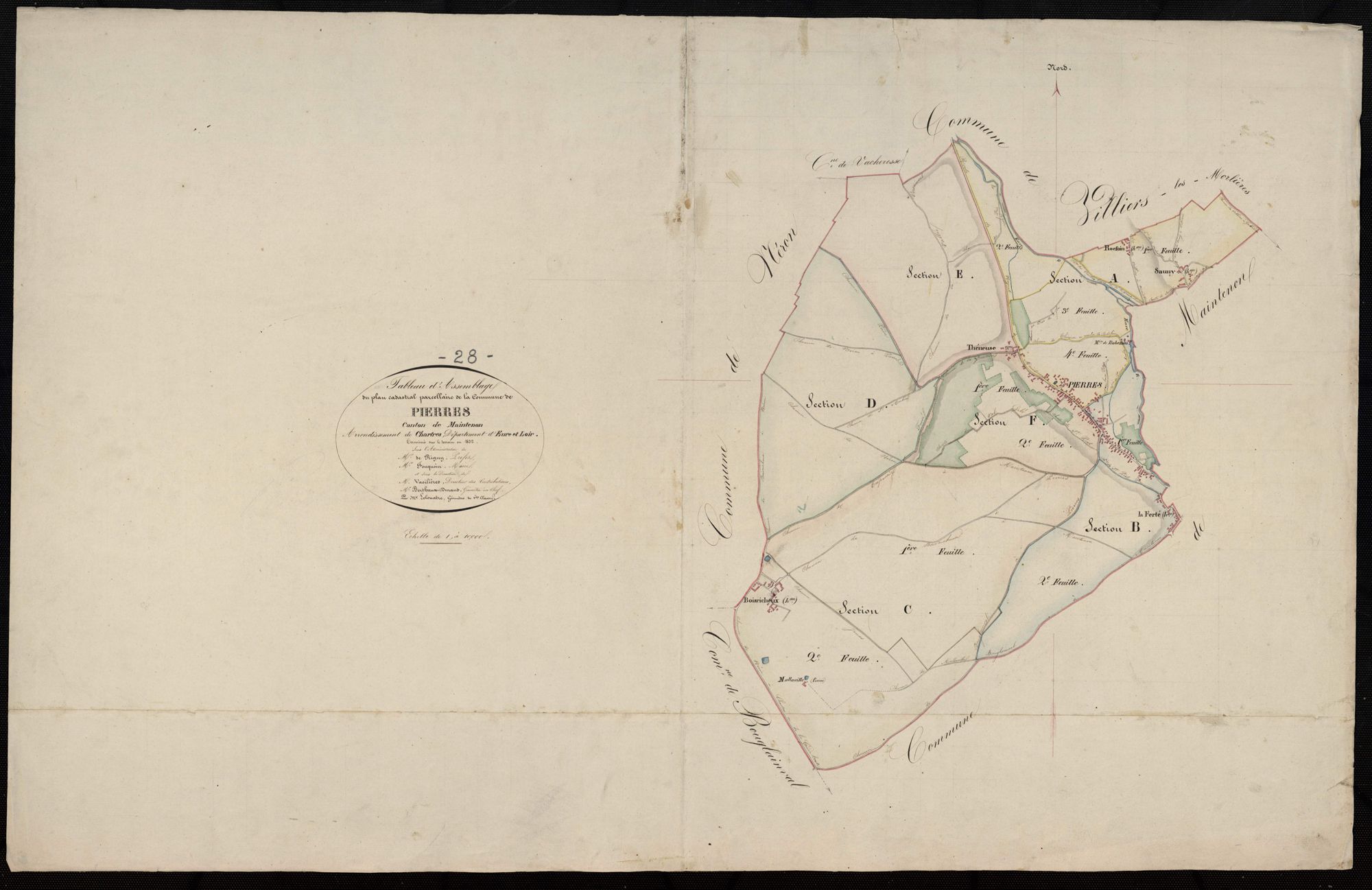 Tableau d'assemblage du plan cadastral parcellaire de la commune de Pierres, Canton de Maintenon, Arrondissement de Chartres / Terminé sur le terrain en 1832 (...) par Monsieur Lelouatre, Géomètre de 1ère classe.