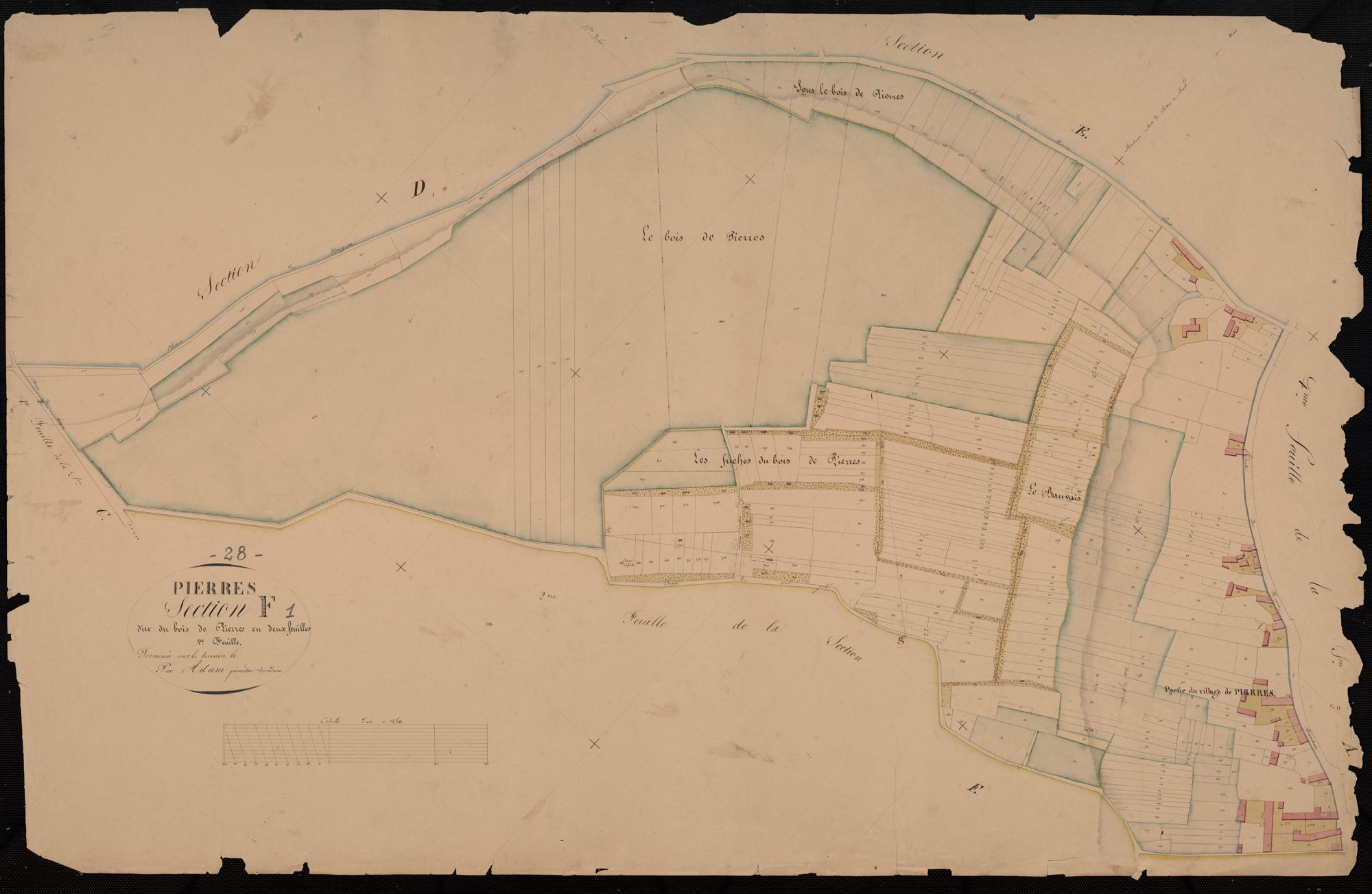 Section F, les Bois de Pierres, feuille 1 / Terminée par Monsieur Adam, Géomètre secondaire.