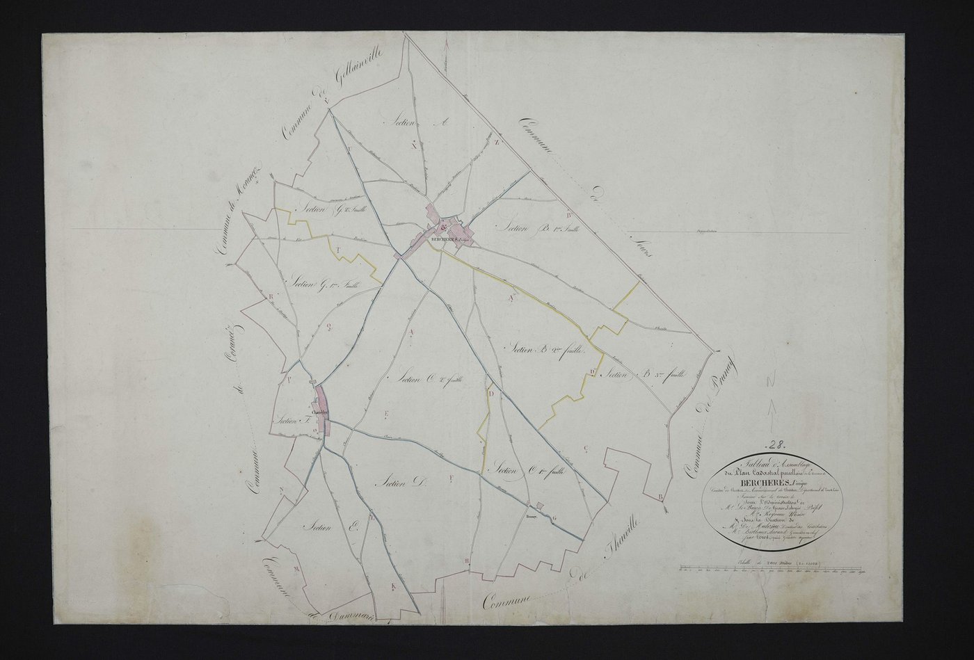 Tableau d'assemblage du plan cadastral parcellaire de la commune de Berchères-les-Pierres, Canton de Chartres-sud, Arrondissement de Chartres / Terminé sur le terrain (...) par Monsieur Court puîné, géomètre arpenteur.