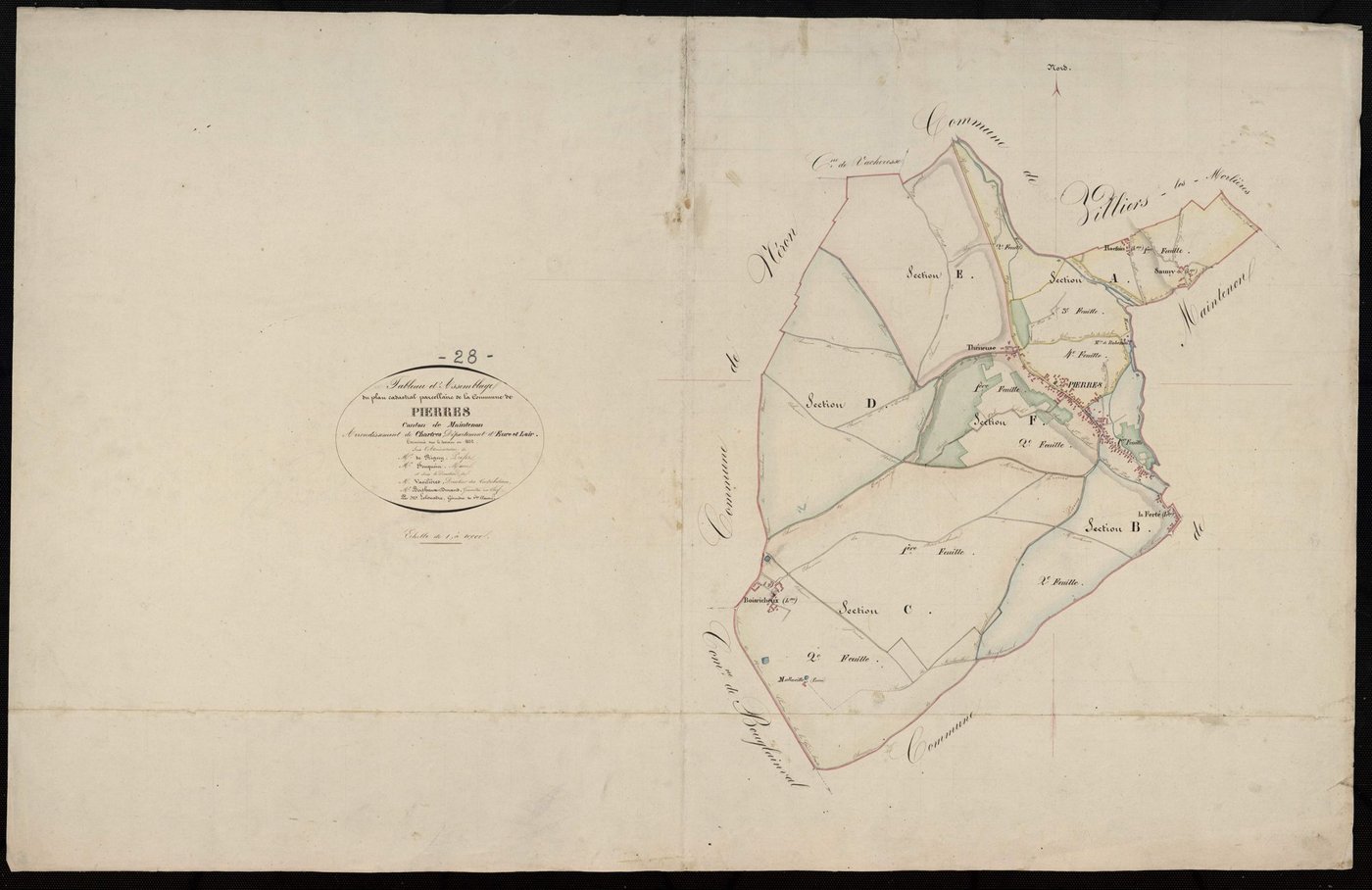 Tableau d'assemblage du plan cadastral parcellaire de la commune de Pierres, Canton de Maintenon, Arrondissement de Chartres / Terminé sur le terrain en 1832 (...) par Monsieur Lelouatre, Géomètre de 1ère classe.