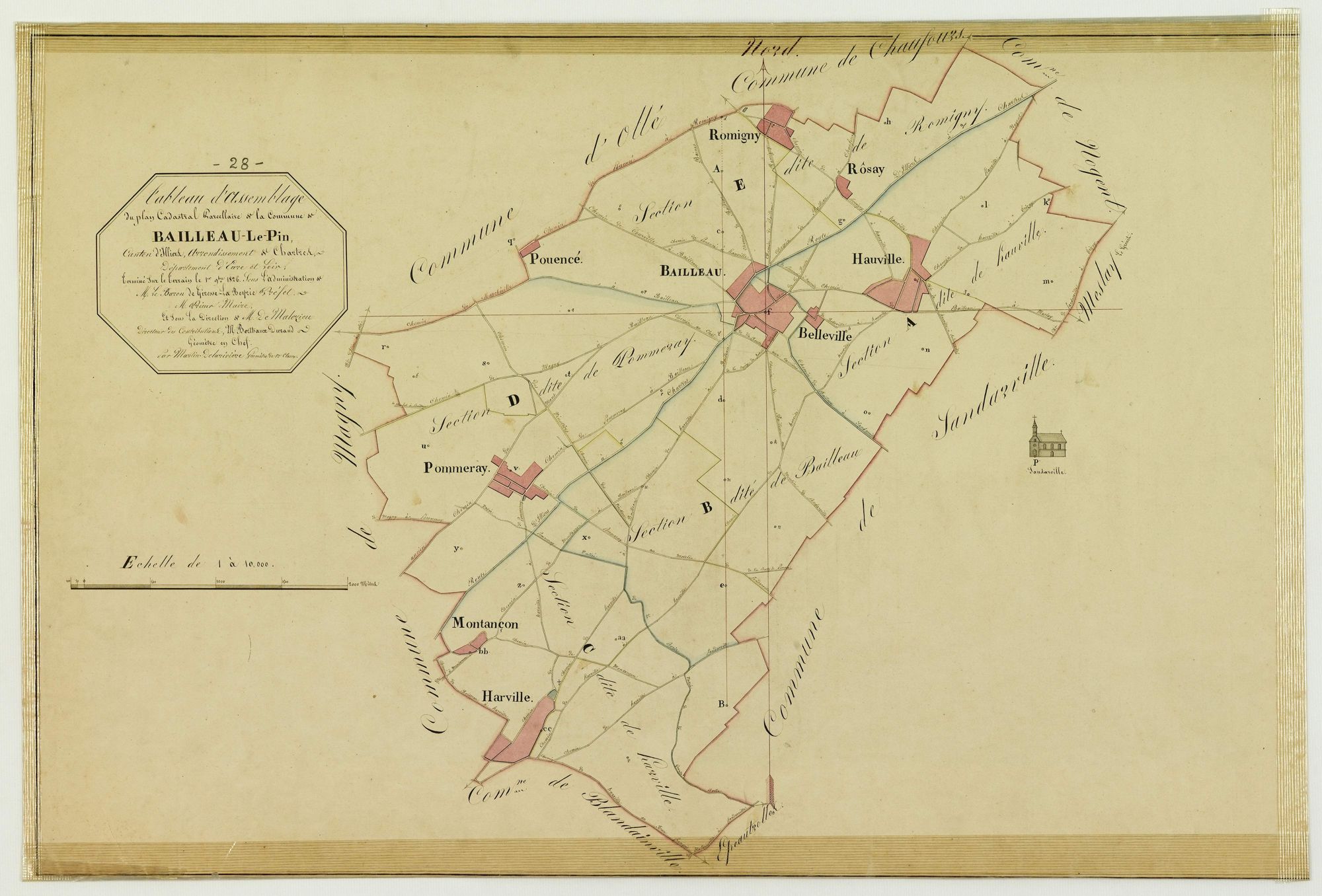 Tableau d'assemblage du plan cadastral de la commune de Bailleau-le-Pin, Canton d'Illiers, Arrondissement de Chartres / Terminé sur le terrain en 1826 (...) par Monsieur Delarivière, Géomètre de 1ère classe.