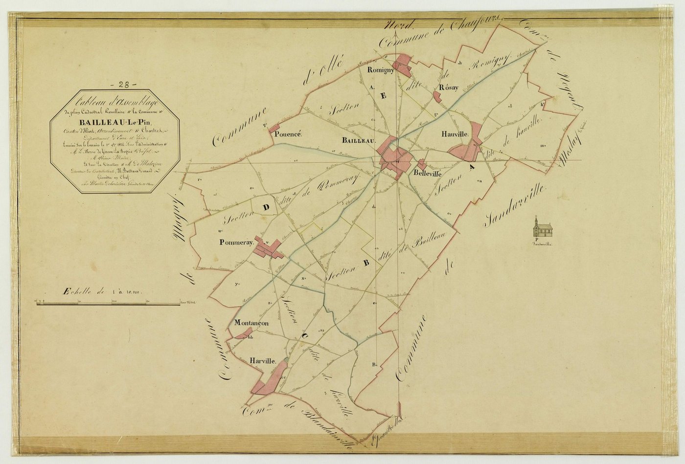 Tableau d'assemblage du plan cadastral de la commune de Bailleau-le-Pin, Canton d'Illiers, Arrondissement de Chartres / Terminé sur le terrain en 1826 (...) par Monsieur Delarivière, Géomètre de 1ère classe.