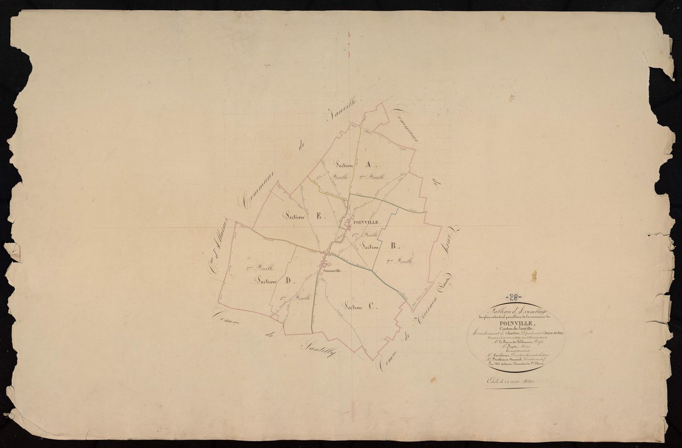 Tableau d'assemblage du plan cadastral parcellaire de la commune de Poinville, Canton de Janville, Arrondissement de Chartres / Terminé sur le terrain en 1839 (...) par Monsieur Adam, Géomètre de 1ère classe.