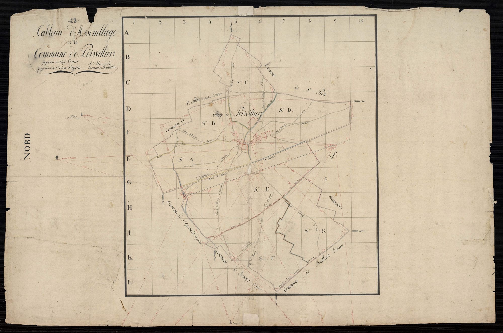 Tableau d'assemblage du plan cadastral parcellaire de la commune de Poisvilliers, Canton de Chartres, Arrondissement de Chartres / Terminé sur le terrain par Monsieur Degrez, Géomètre de 1ère classe.
