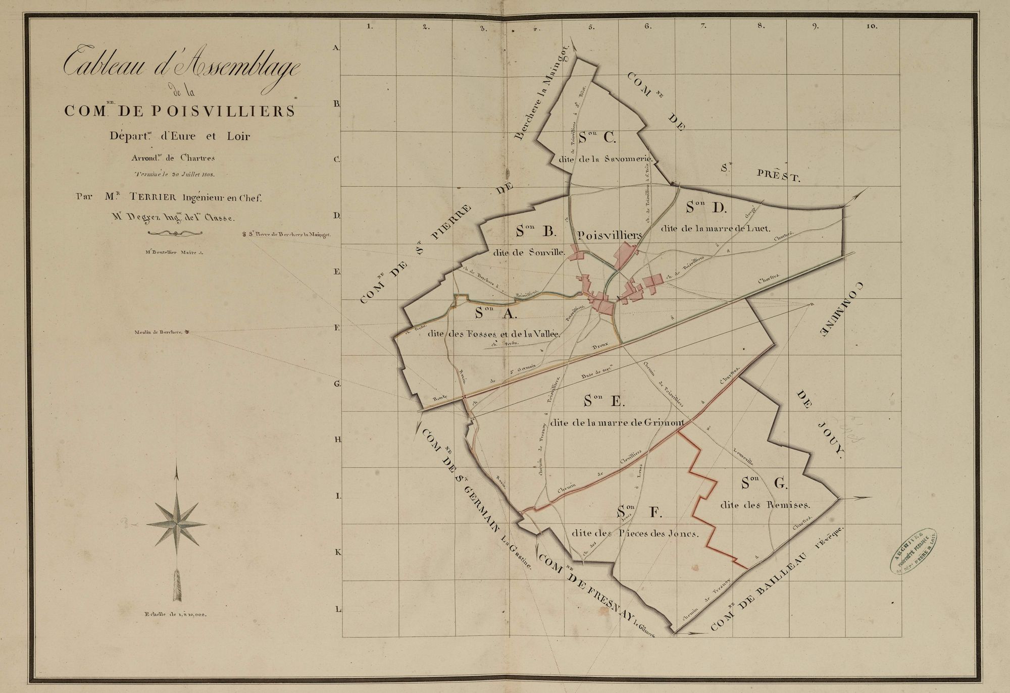 Tableau d'assemblage du plan parcellaire de Poisvilliers, Canton de Chartres, Arrondissement de Chartres / Terminé sur le terrain le 30 juillet 1808 (...) par Monsieur Degrez, Géomètre de 1ère classe.