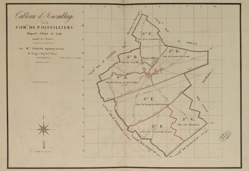 Tableau d'assemblage du plan parcellaire de Poisvilliers, Canton de Chartres, Arrondissement de Chartres / Terminé sur le terrain le 30 juillet 1808 (...) par Monsieur Degrez, Géomètre de 1ère classe.