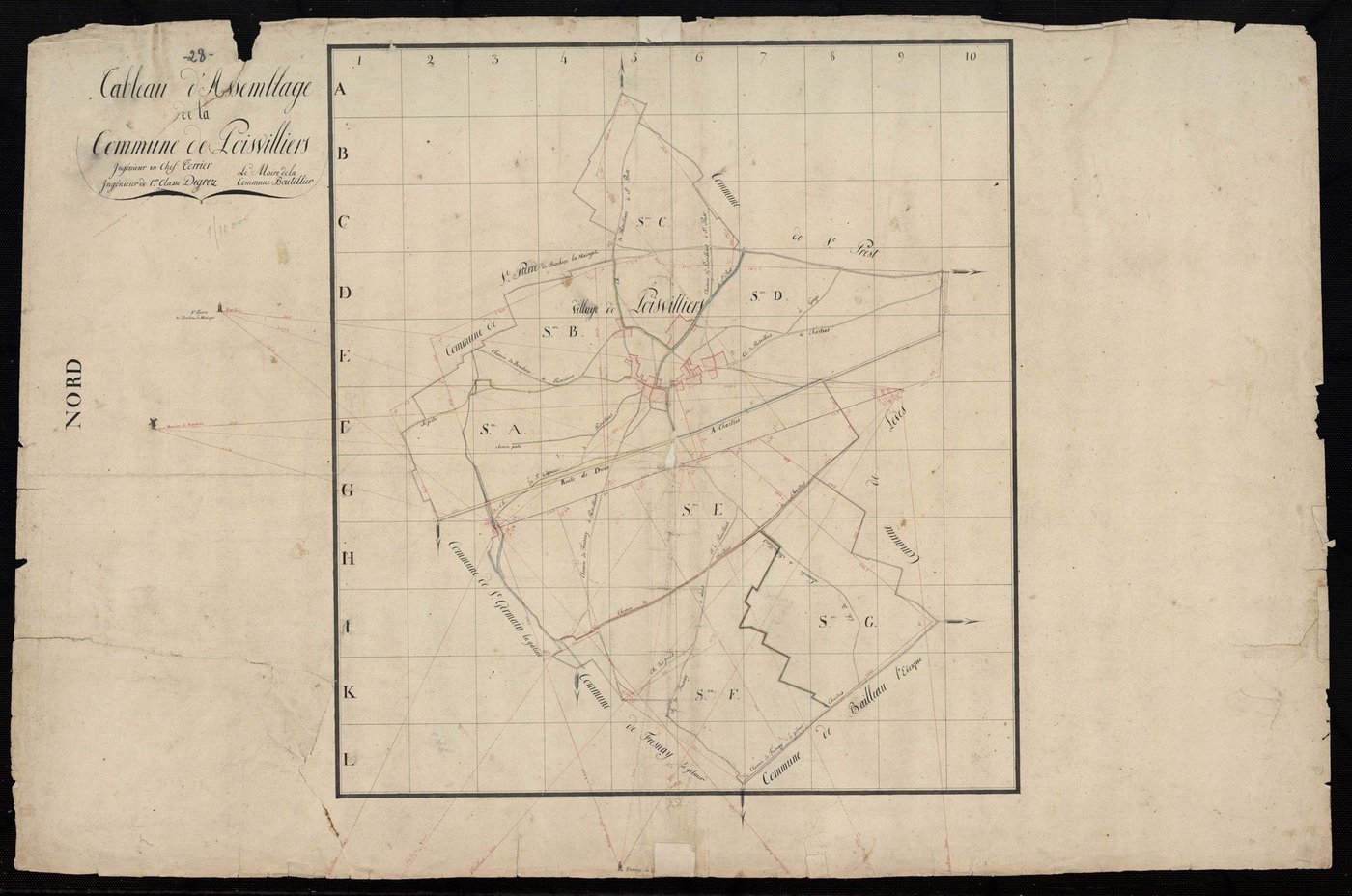 Tableau d'assemblage du plan cadastral parcellaire de la commune de Poisvilliers, Canton de Chartres, Arrondissement de Chartres / Terminé sur le terrain par Monsieur Degrez, Géomètre de 1ère classe.