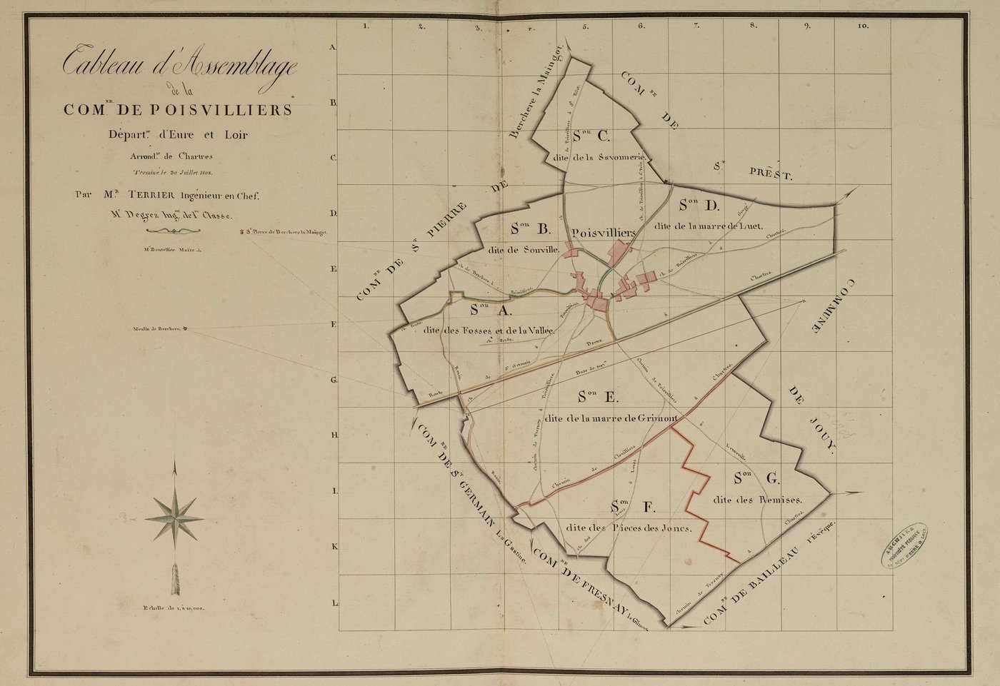 Tableau d'assemblage du plan parcellaire de Poisvilliers, Canton de Chartres, Arrondissement de Chartres / Terminé sur le terrain le 30 juillet 1808 (...) par Monsieur Degrez, Géomètre de 1ère classe.