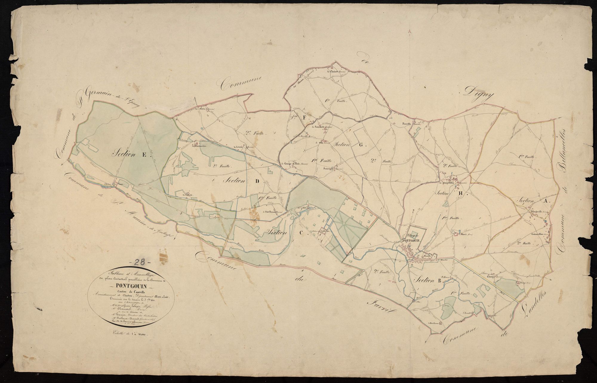 Tableau d'assemblage du plan cadastral parcellaire de la commune de Pontgouin, Canton de Courville, Arrondissement de Chartres / Terminé sur le terrain en 1830 (...) par Monsieur Tarnier, Géomètre de 1ère classe et M[onsieu]r Teurreau, Géomètre de 1ère cl
