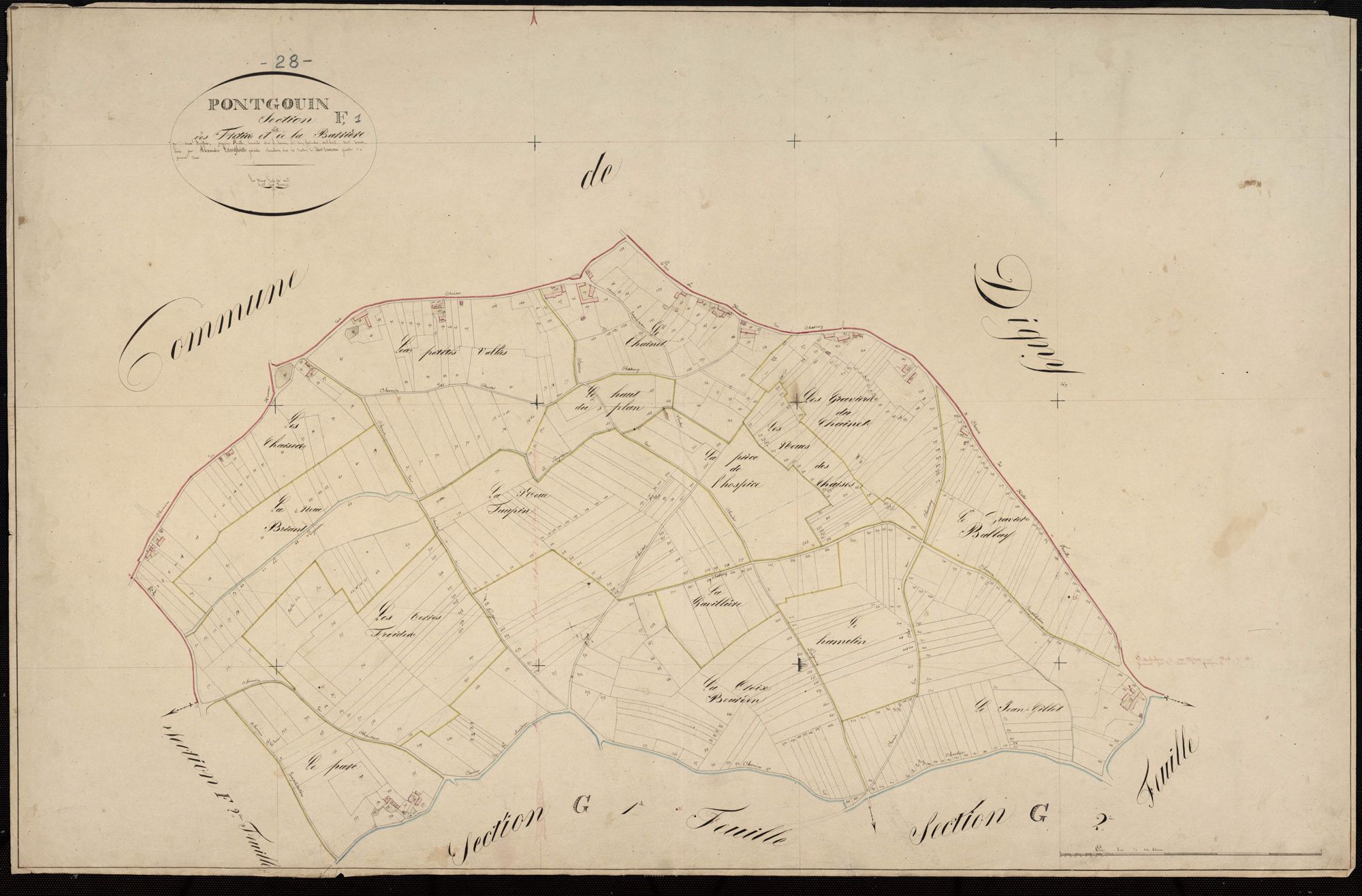 Section F, les Frétis et la Barrière, feuille 1 / Terminée par Monsieur Langlois, Géomètre secondaire.