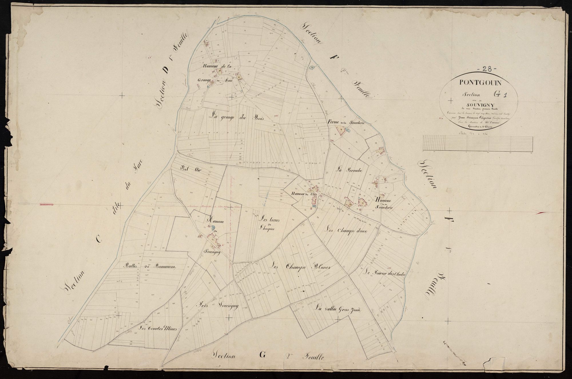 Section G, Souvigny, feuille 1 / Terminée par Monsieur Chapron, Géomètre de 1ère classe.