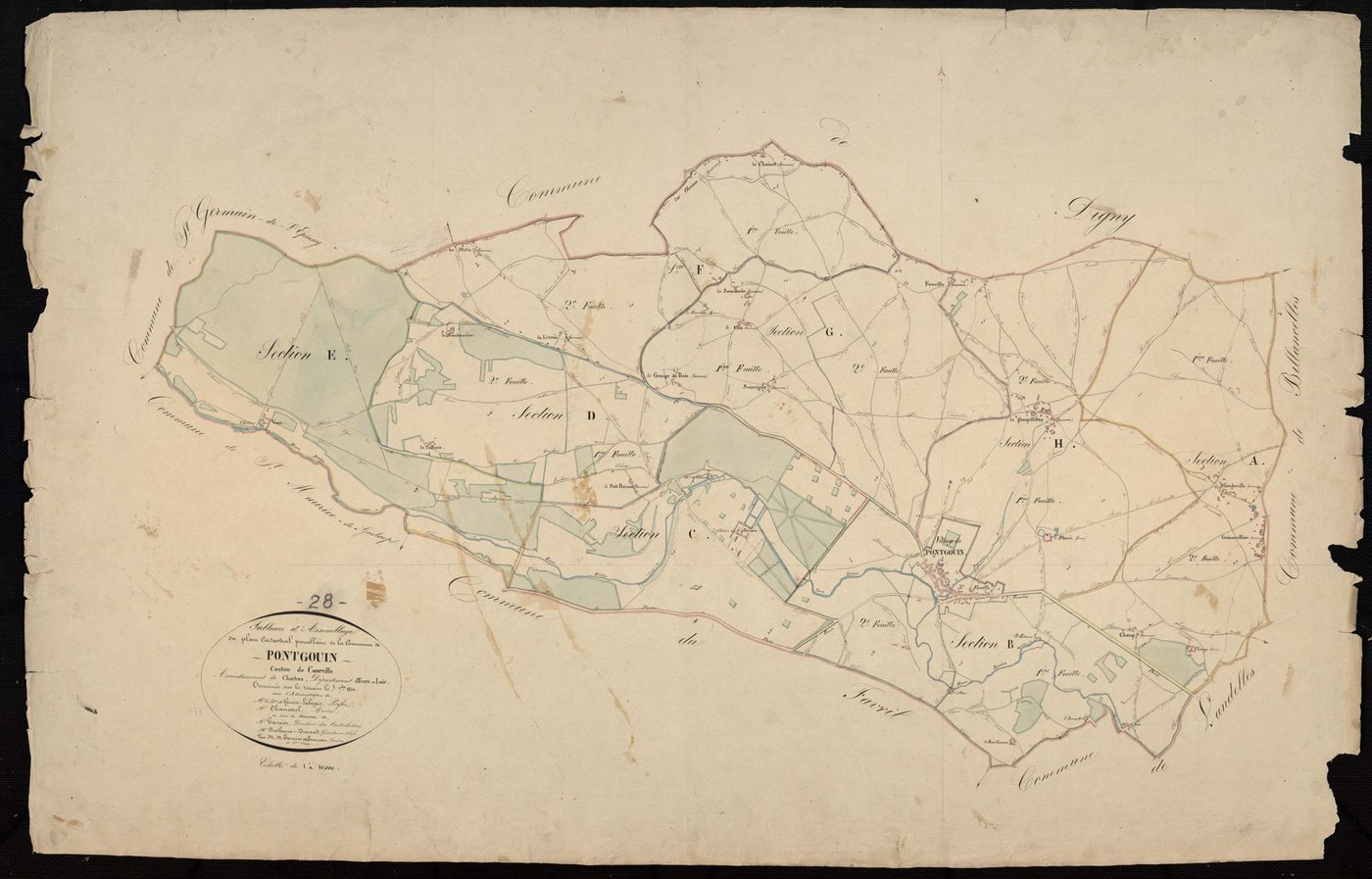 Tableau d'assemblage du plan cadastral parcellaire de la commune de Pontgouin, Canton de Courville, Arrondissement de Chartres / Terminé sur le terrain en 1830 (...) par Monsieur Tarnier, Géomètre de 1ère classe et M[onsieu]r Teurreau, Géomètre de 1ère cl