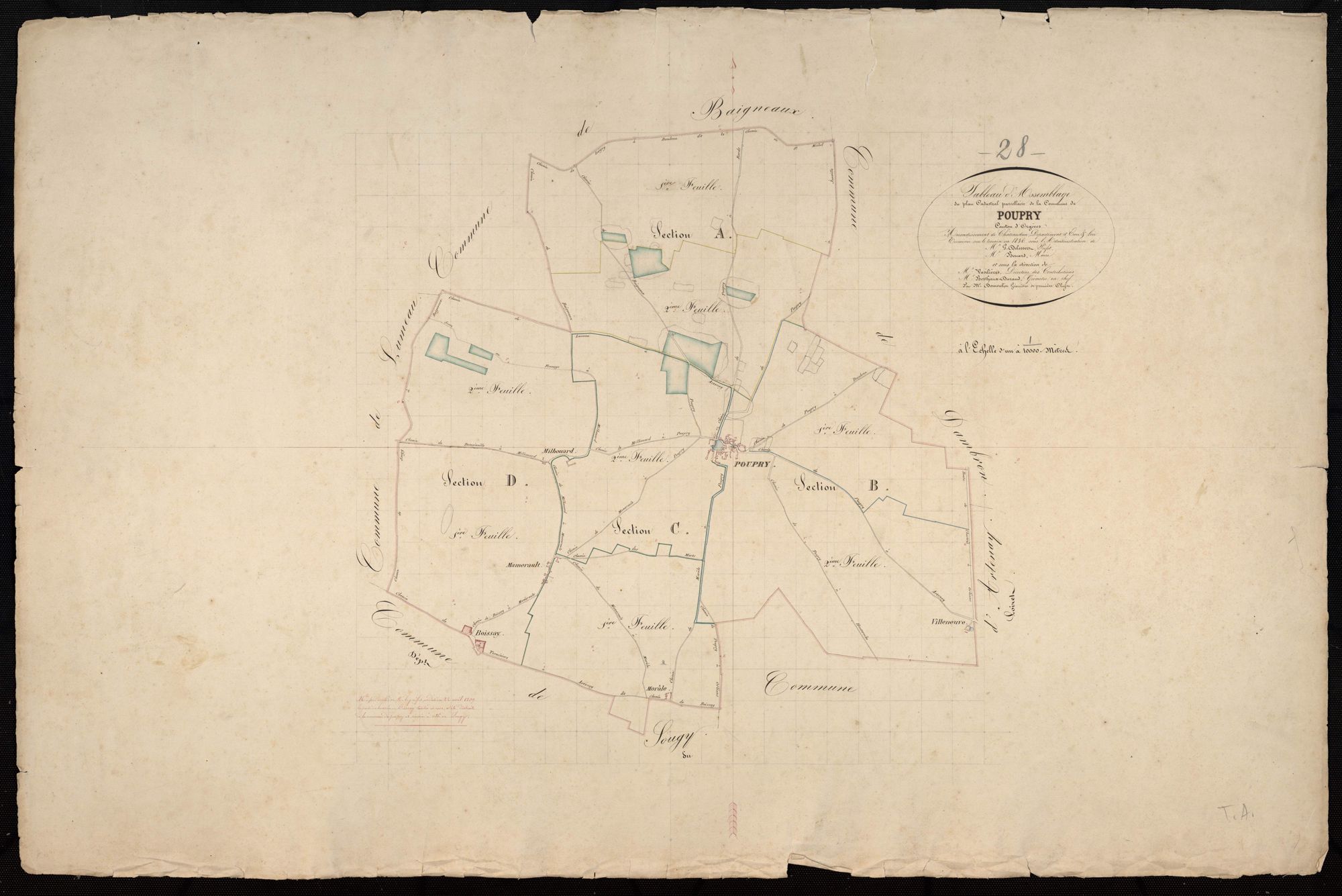 Tableau d'assemblage du plan cadastral parcellaire de la commune de Poupry, Canton d'Orgères, Arrondissement de Châteaudun / Terminé sur le terrain en 1836 (...) par Monsieur Démoulin, Géomètre de 1ère classe.