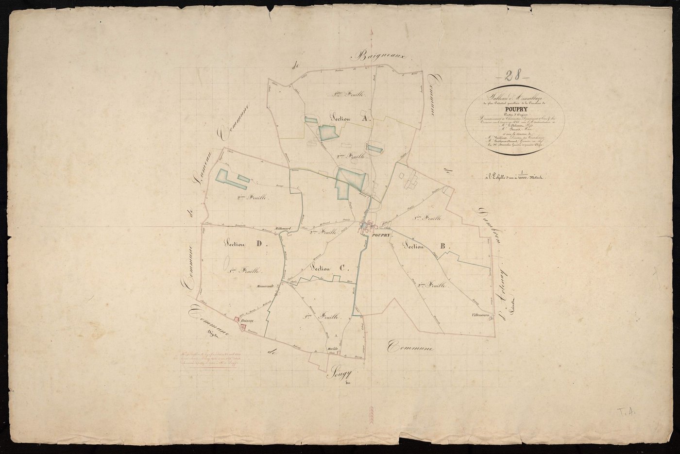 Tableau d'assemblage du plan cadastral parcellaire de la commune de Poupry, Canton d'Orgères, Arrondissement de Châteaudun / Terminé sur le terrain en 1836 (...) par Monsieur Démoulin, Géomètre de 1ère classe.