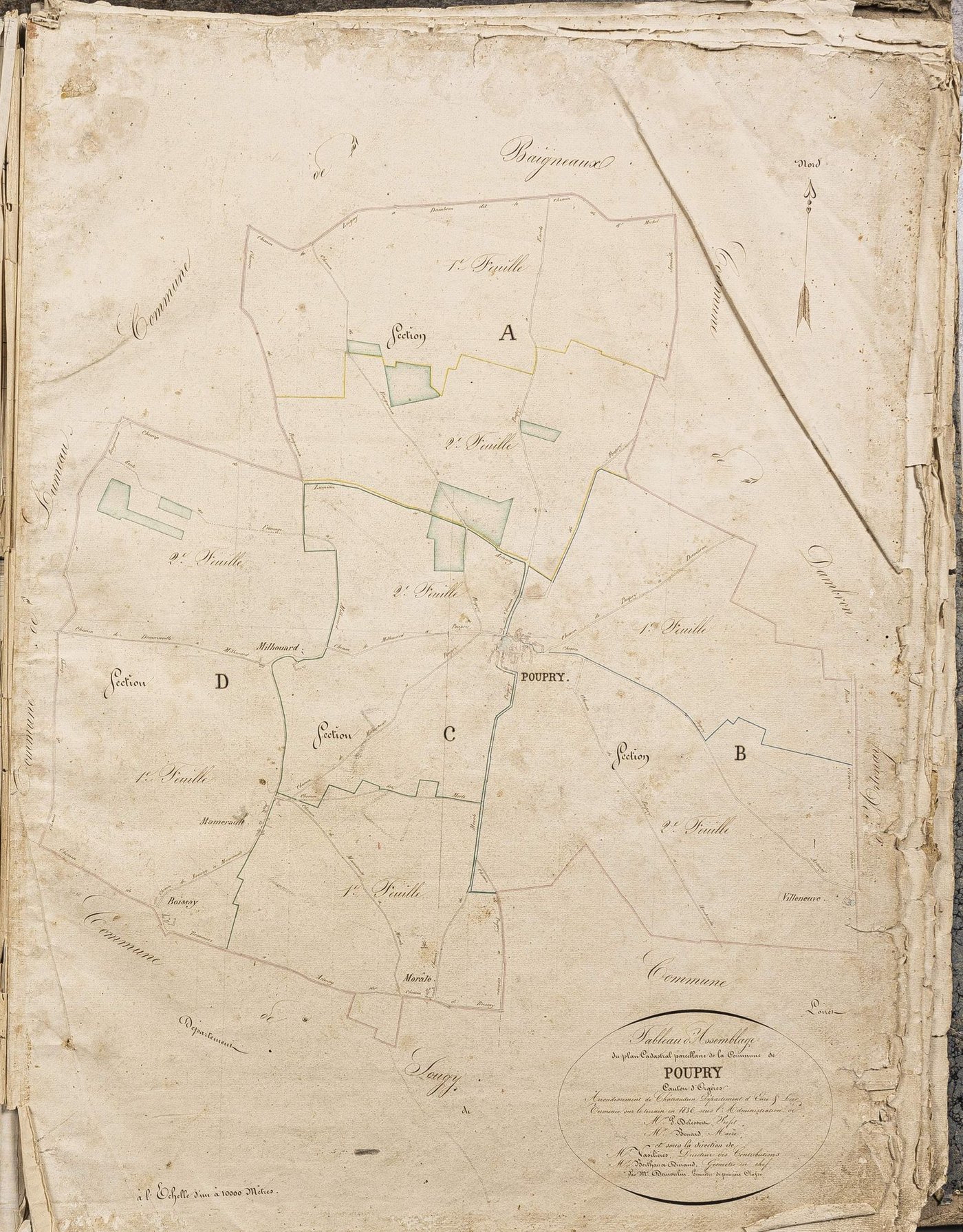 Tableau d'assemblage du plan cadastral parcellaire de la commune de Poupry, Canton d'Orgères, Arrondissement de Châteaudun / Terminé sur le terrain en 1836 (...) par Monsieur Démoulin, Géomètre de 1ère classe.