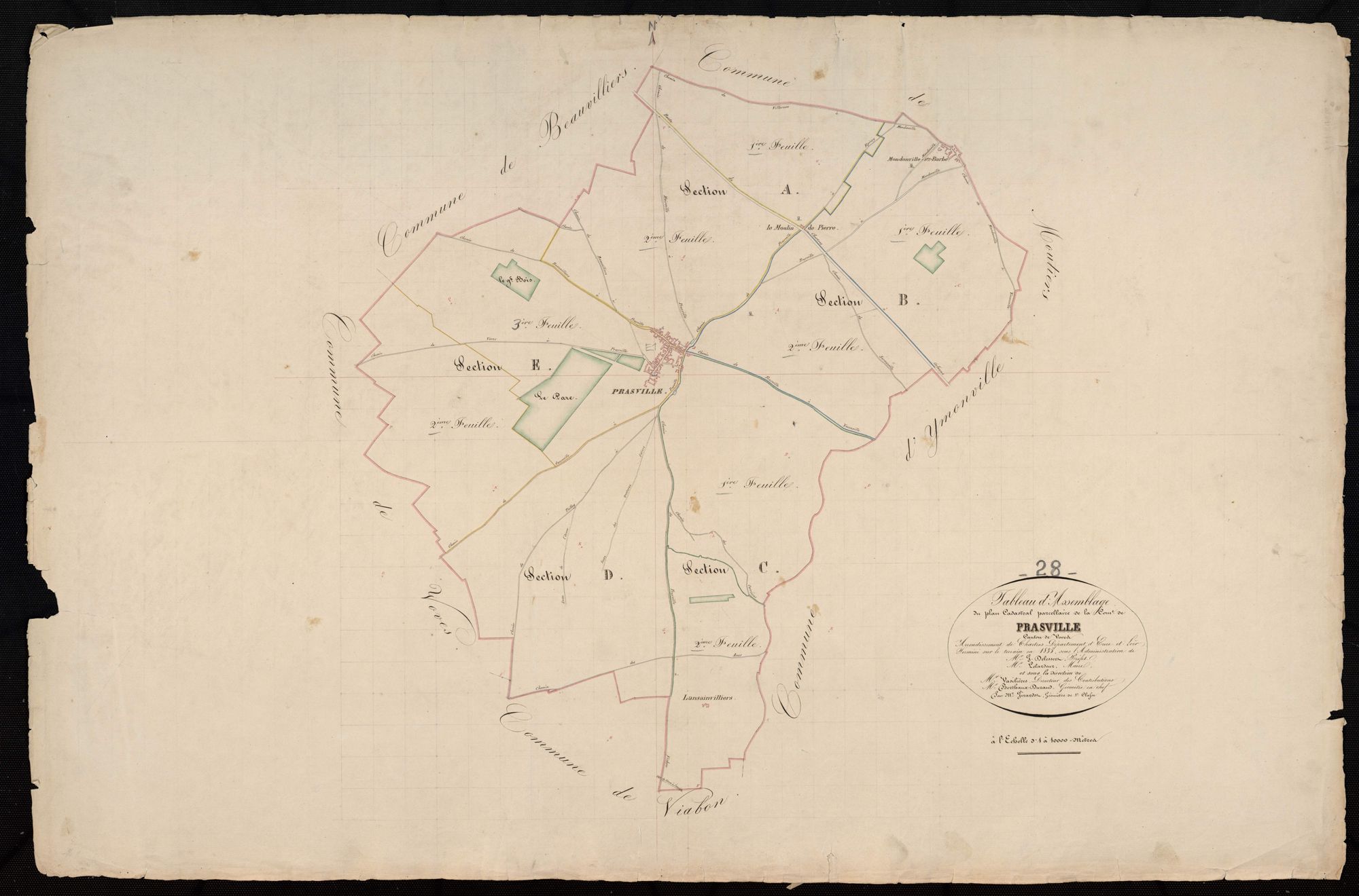 Tableau d'assemblage du plan cadastral parcellaire de la commune de Prasville, Canton de Voves, Arrondissement de Chartres / Terminé sur le terrain en 1835 (...) par Monsieur Girardot, Géomètre de 1ère classe.