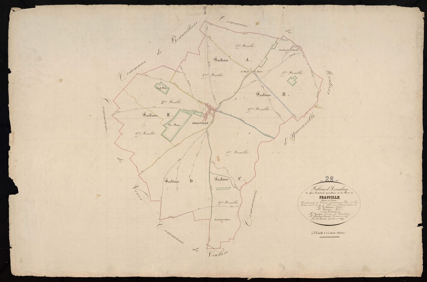 Tableau d'assemblage du plan cadastral parcellaire de la commune de Prasville, Canton de Voves, Arrondissement de Chartres / Terminé sur le terrain en 1835 (...) par Monsieur Girardot, Géomètre de 1ère classe.