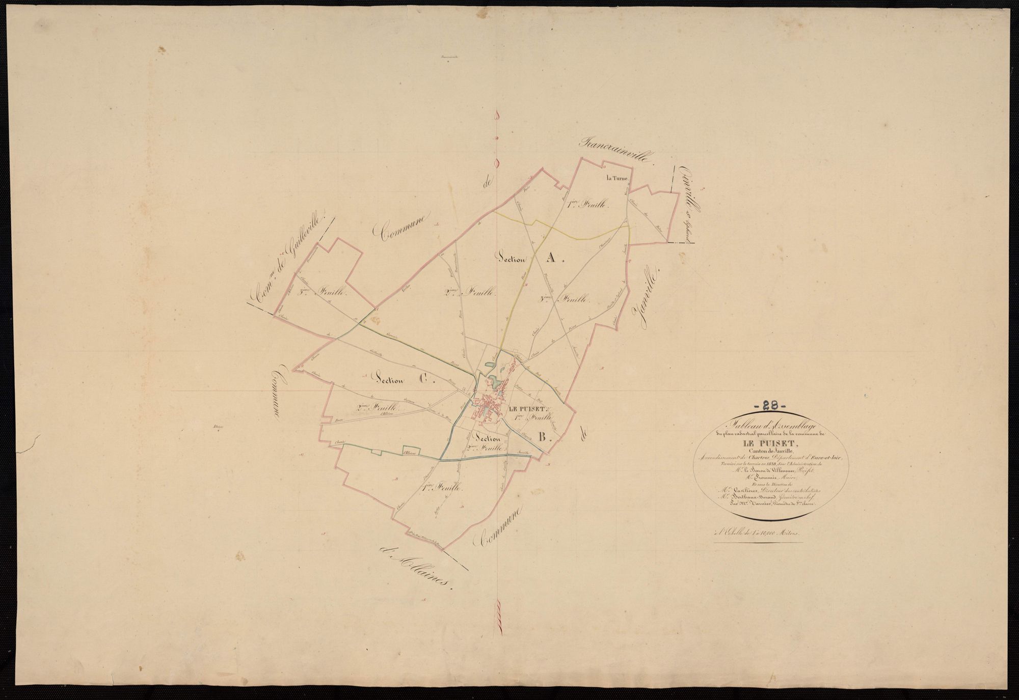 Tableau d'assemblage du plan cadastral parcellaire de la commune du Puiset, Canton de Janville, Arrondissement de Chartres / Terminé sur le terrain en 1838 (...) par Monsieur Tarnier, Géomètre de 1ère classe.