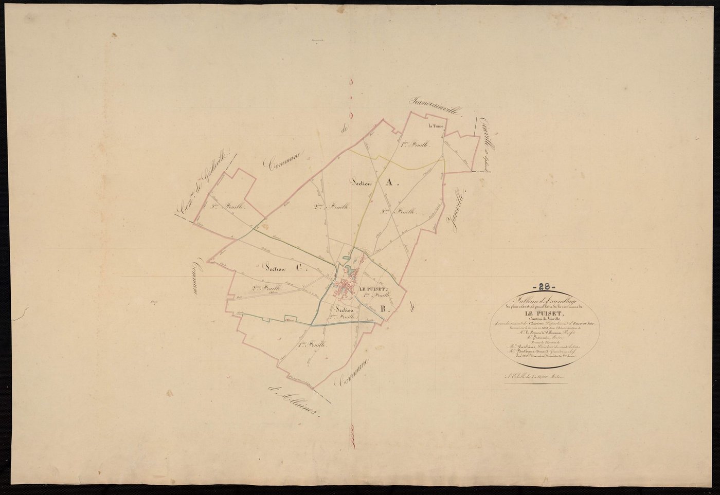Tableau d'assemblage du plan cadastral parcellaire de la commune du Puiset, Canton de Janville, Arrondissement de Chartres / Terminé sur le terrain en 1838 (...) par Monsieur Tarnier, Géomètre de 1ère classe.