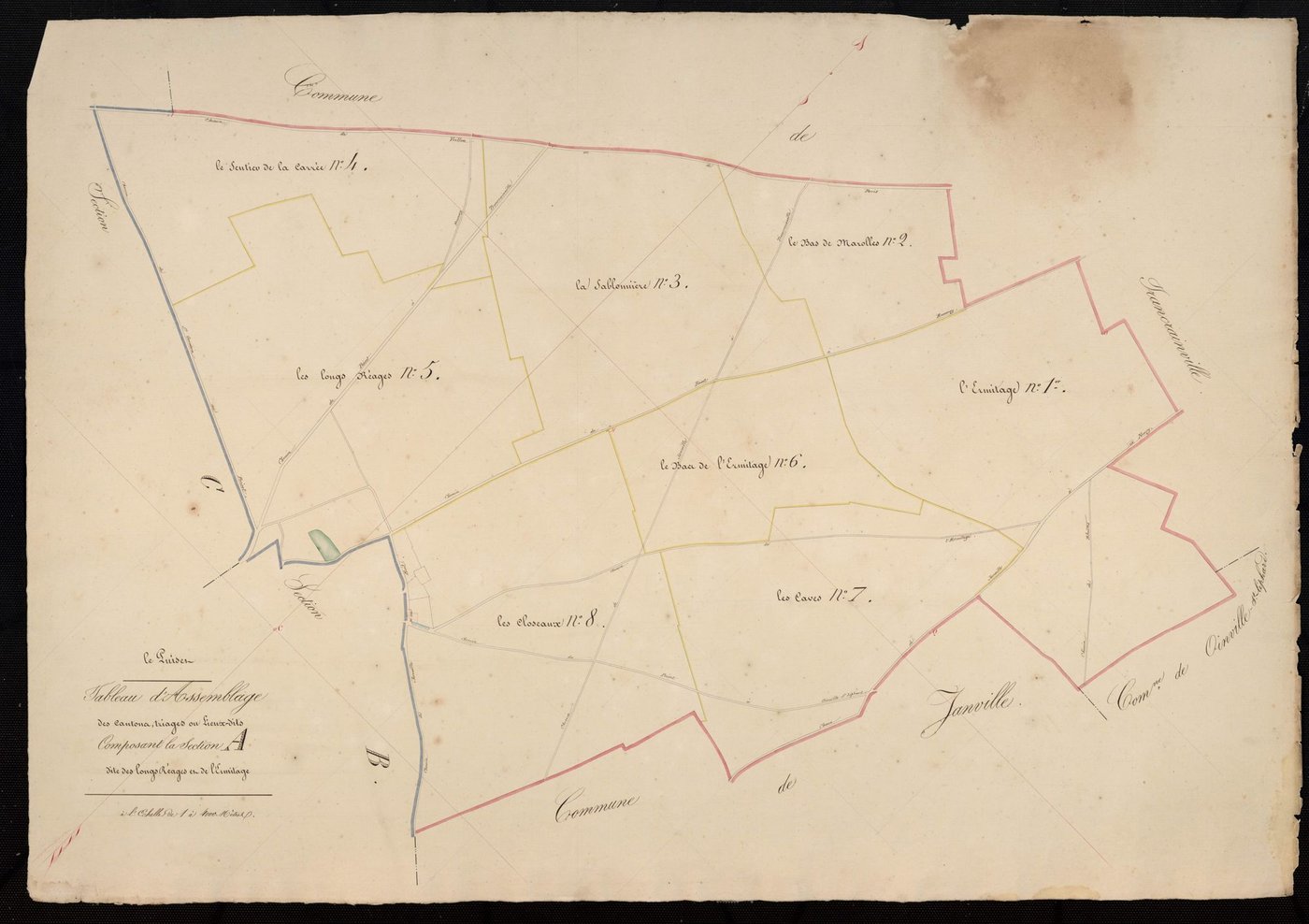 Tableau d'assemblage des cantons, triages ou lieux-dits composant la section A, les Longs Réages et l'Ermitage.