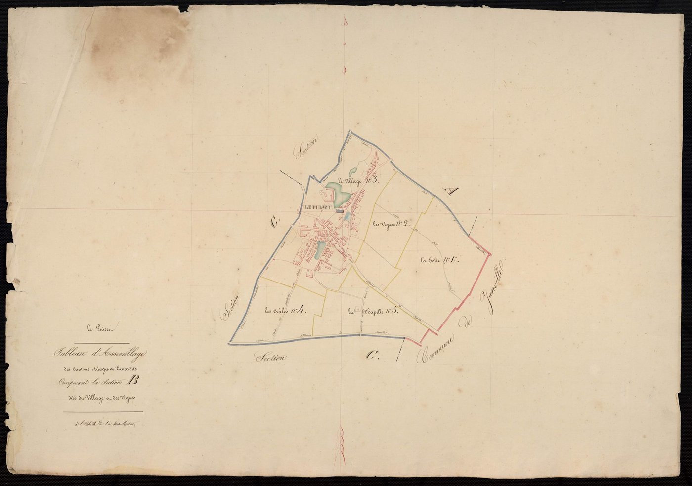 Tableau d'assemblage des cantons, triages ou lieux-dits composant la section B, le Village et les Vignes.