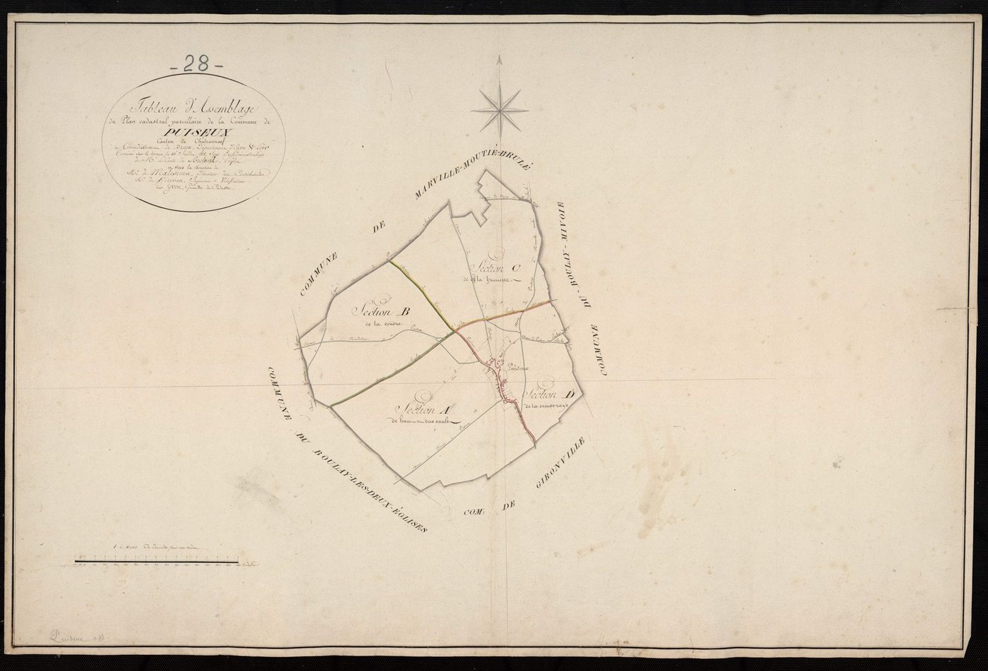 Tableau d'assemblage du plan cadastral parcellaire de la commune de Puiseux, Canton de Châteauneuf, Arrondissement de Dreux / Terminé sur le terrain en 1818 (...) par Monsieur Yvon, Géomètre du cadastre.