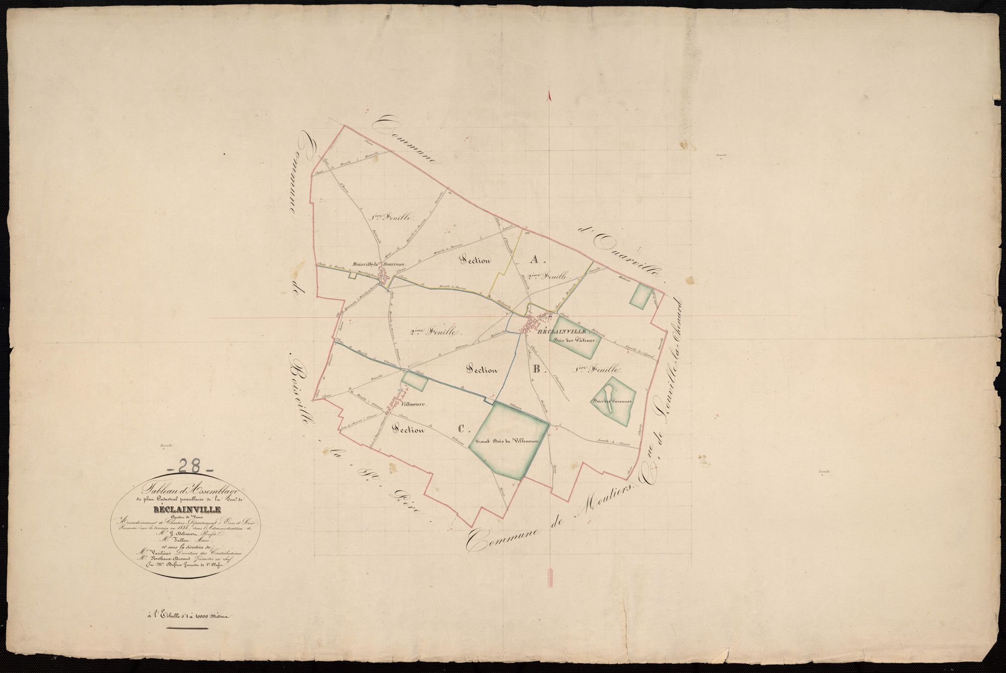 Tableau d'assemblage du plan cadastral parcellaire de la commune de Réclainville, Canton de Voves, Arrondissement de Chartres / Terminé sur le terrain en 1835 (...) par Monsieur Dufour, Géomètre de 1ère classe.