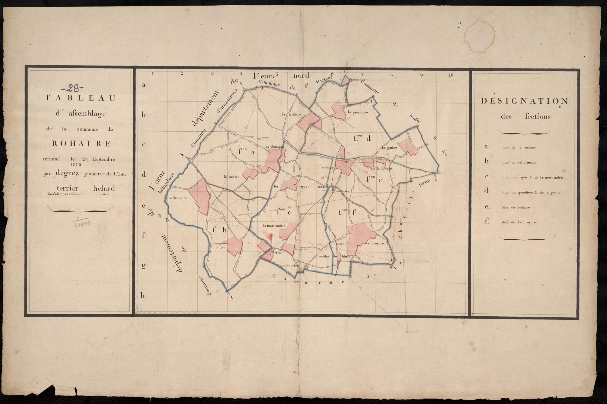 Tableau d'assemblage du plan cadastral parcellaire de la commune de Rohaire, Canton de la Ferté-Vidame, Arrondissement de Dreux / Terminé en 1810 (...) par Monsieur Degrez, Géomètre de 1ère Classe.