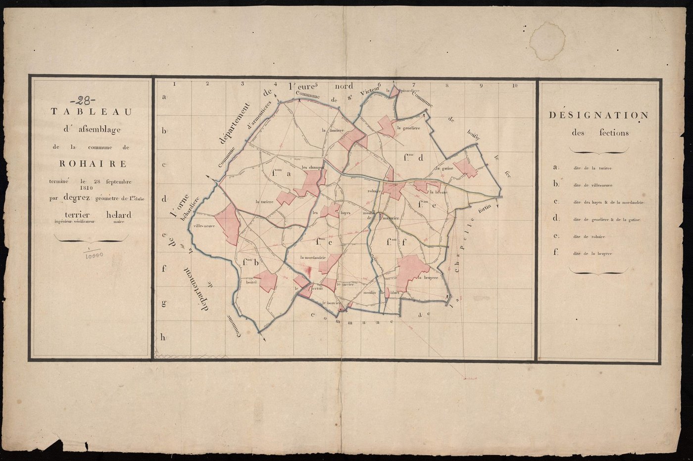 Tableau d'assemblage du plan cadastral parcellaire de la commune de Rohaire, Canton de la Ferté-Vidame, Arrondissement de Dreux / Terminé en 1810 (...) par Monsieur Degrez, Géomètre de 1ère Classe.