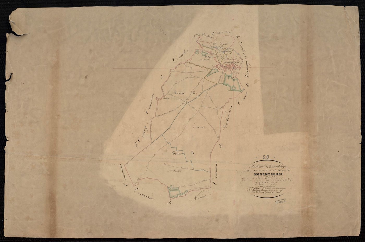 Tableau d'assemblage du plan cadastral parcellaire de la commune de Nogent-le-Roi, Canton de Nogent-le-Roi, Arrondissement de Dreux / Terminé sur le terrain en 1835 (...) par Monsieur Lesage, Géomètre de 1ère classe.