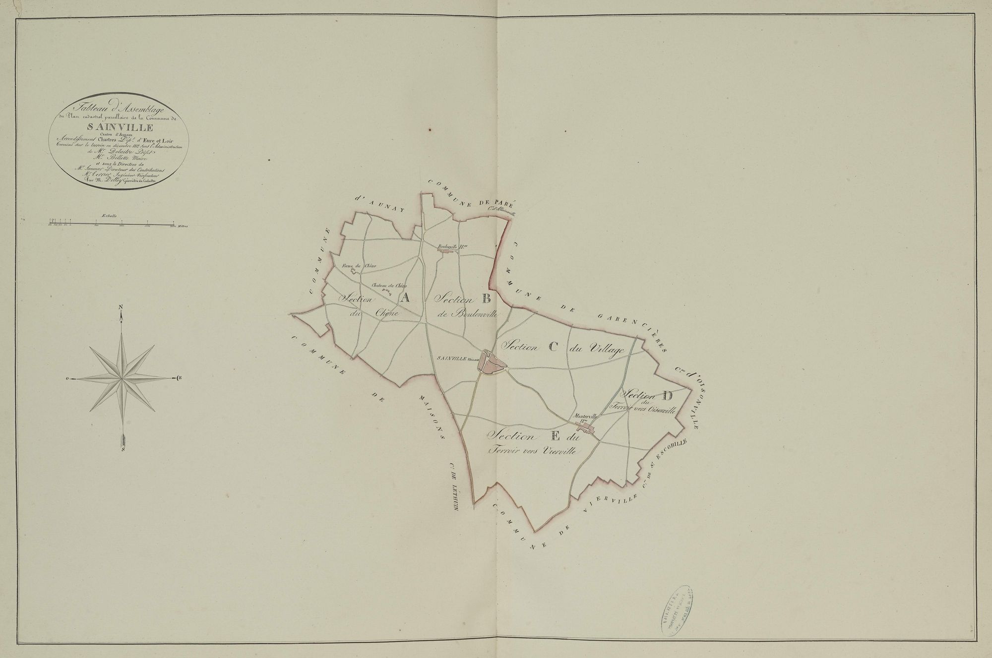 Tableau d'assemblage du plan parcellaire de la commune de Sainville, Canton d'Auneau, Arrondissement de Chartres / Terminé sur le terrain en décembre 1812 (...) par Monsieur Dolley, Géomètre du cadastre.
