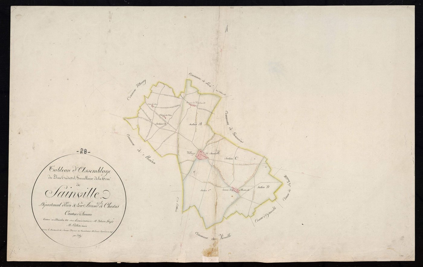 Tableau d'assemblage du plan cadastral parcellaire de la commune de Sainville, Canton d'Auneau, Arrondissement de Chartres / Terminé sur le terrain en 1812 (...) par Monsieur Dolley, [Géomètre].
