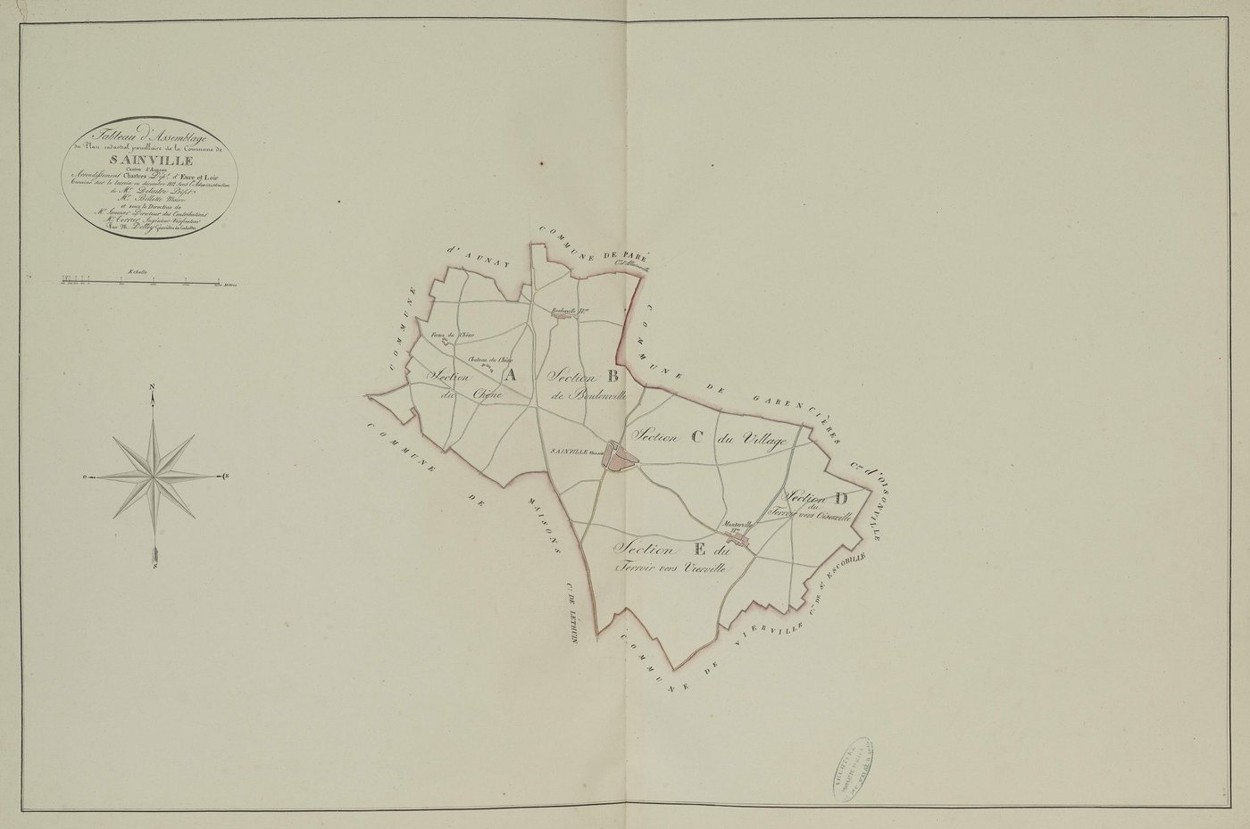 Tableau d'assemblage du plan parcellaire de la commune de Sainville, Canton d'Auneau, Arrondissement de Chartres / Terminé sur le terrain en décembre 1812 (...) par Monsieur Dolley, Géomètre du cadastre.