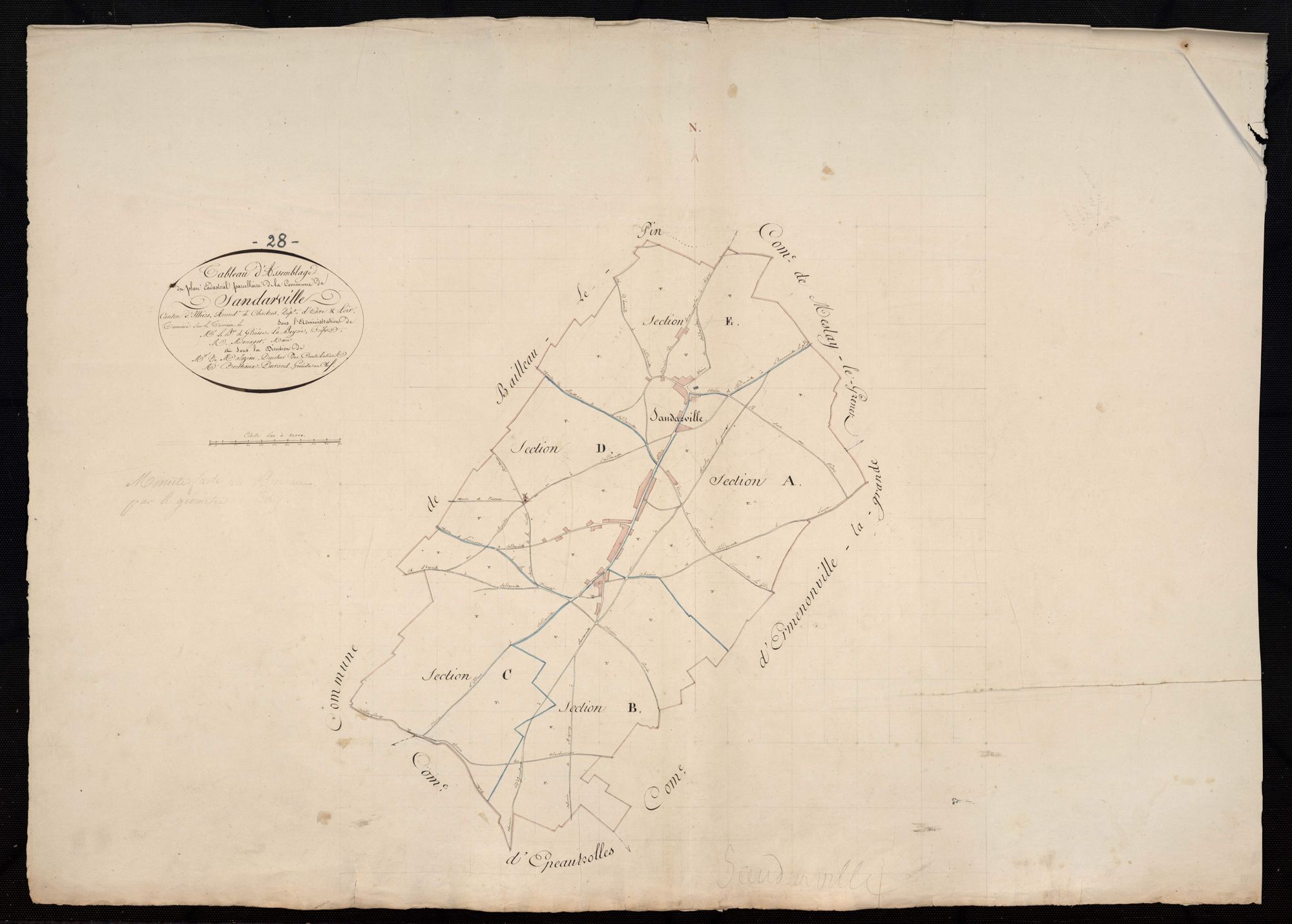 Tableau d'assemblage du plan cadastral parcellaire de la commune de Sandarville, Canton d'Illiers, Arrondissement de Chartres / Terminé sur le terrain en 1827 (...) par Monsieur Berthaux-Durand, Géomètre en chef.