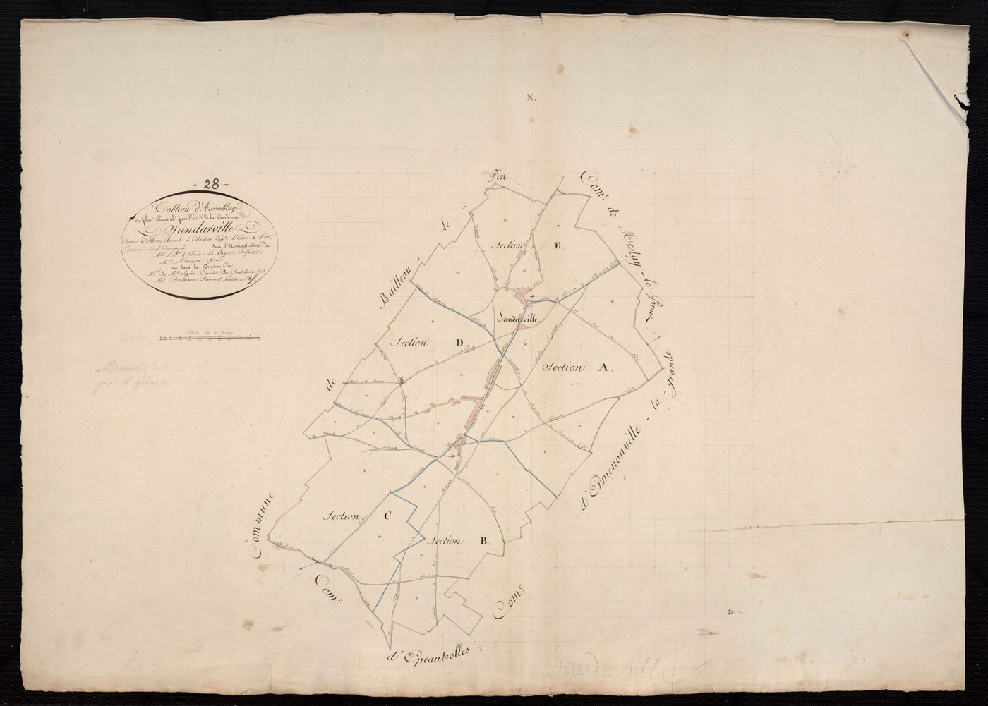 Tableau d'assemblage du plan cadastral parcellaire de la commune de Sandarville, Canton d'Illiers, Arrondissement de Chartres / Terminé sur le terrain en 1827 (...) par Monsieur Berthaux-Durand, Géomètre en chef.